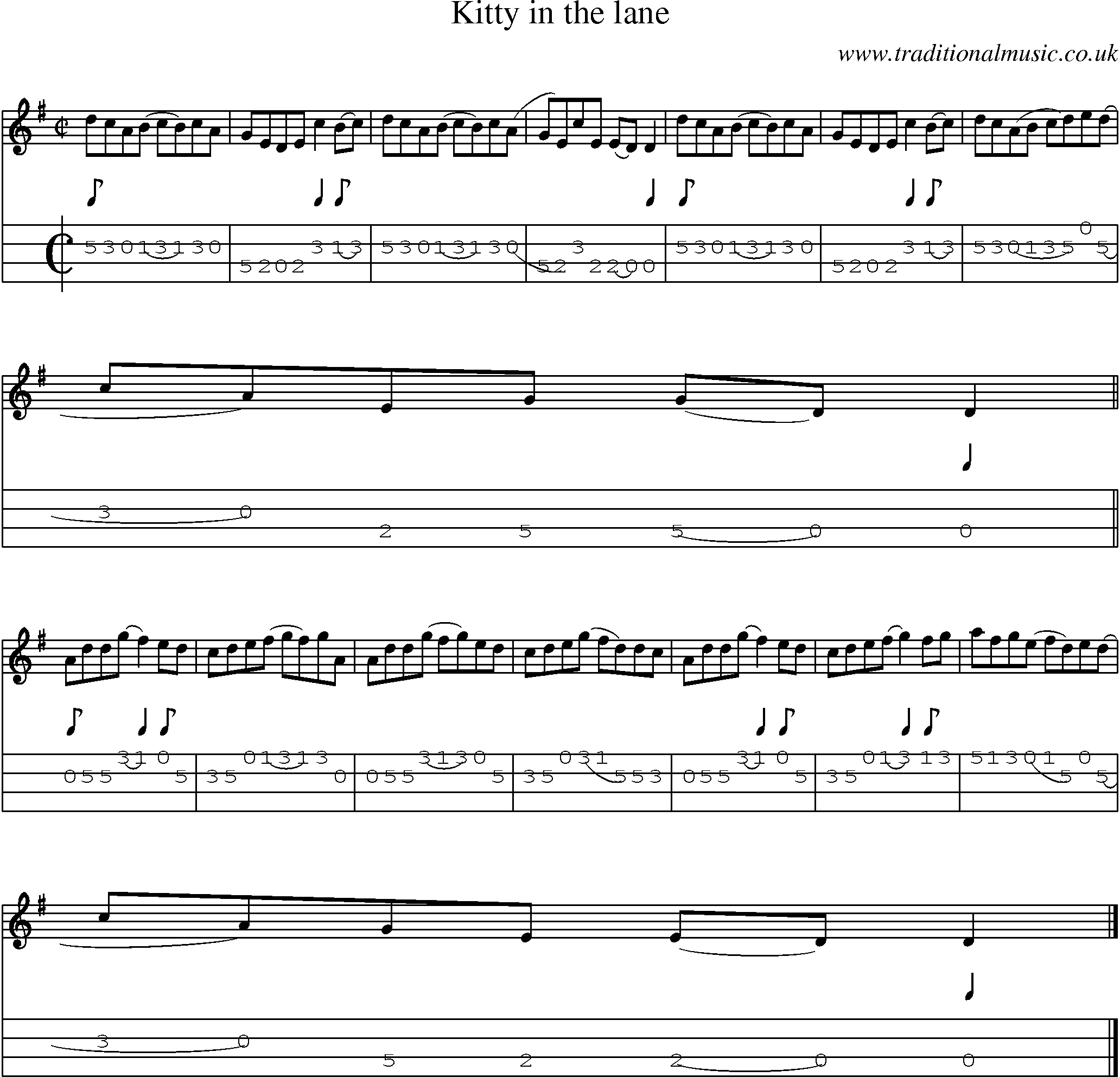 Music Score and Mandolin Tabs for Kitty In The Lane