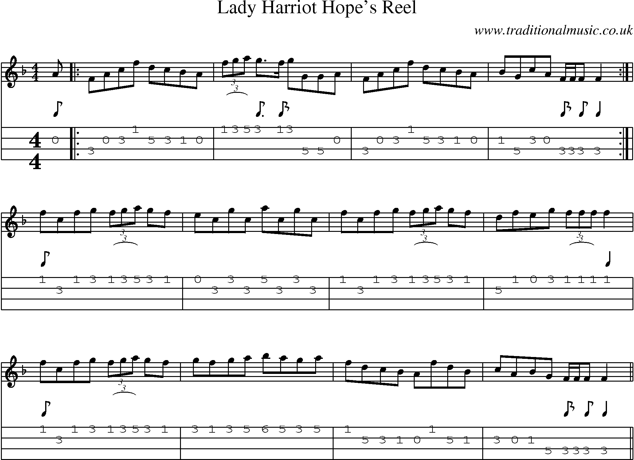 Music Score and Mandolin Tabs for Lady Harriot Hopes Reel