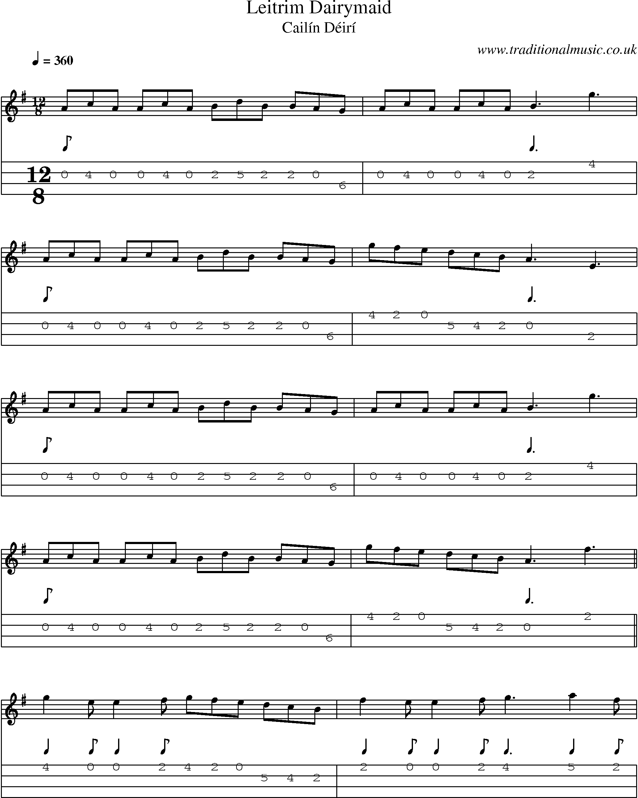 Music Score and Mandolin Tabs for Leitrim Dairymaid