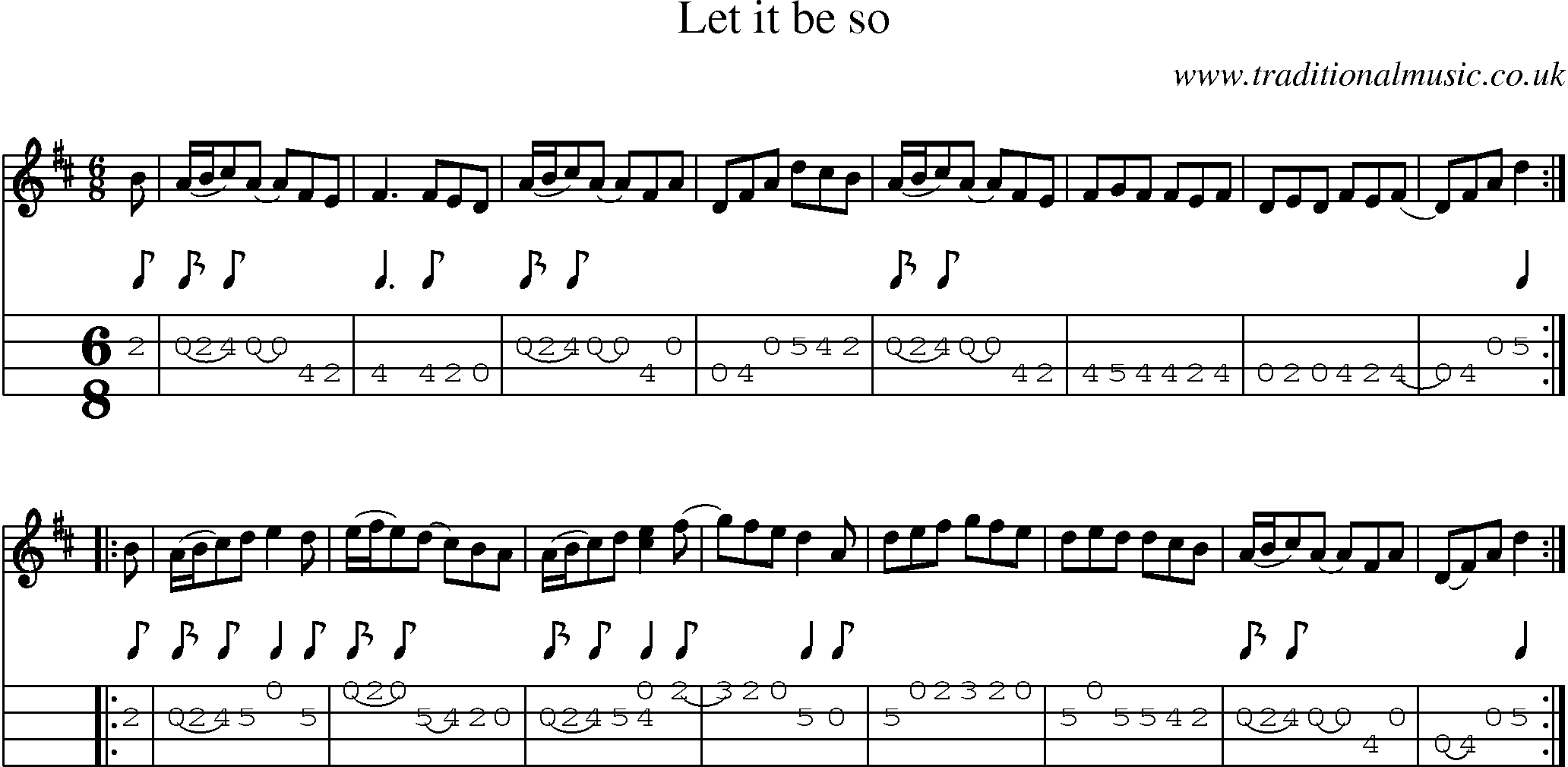 Music Score and Mandolin Tabs for Let It Be So