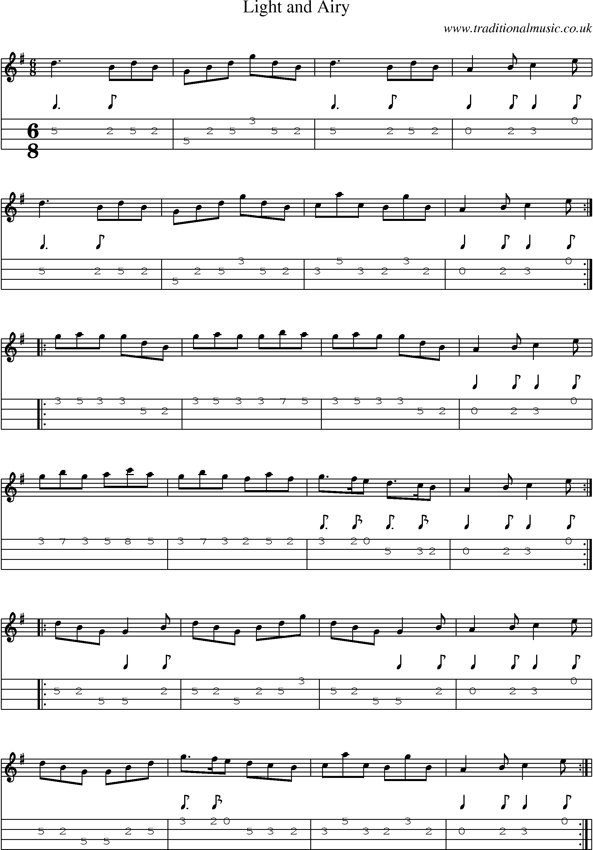 Music Score and Mandolin Tabs for Light And Airy