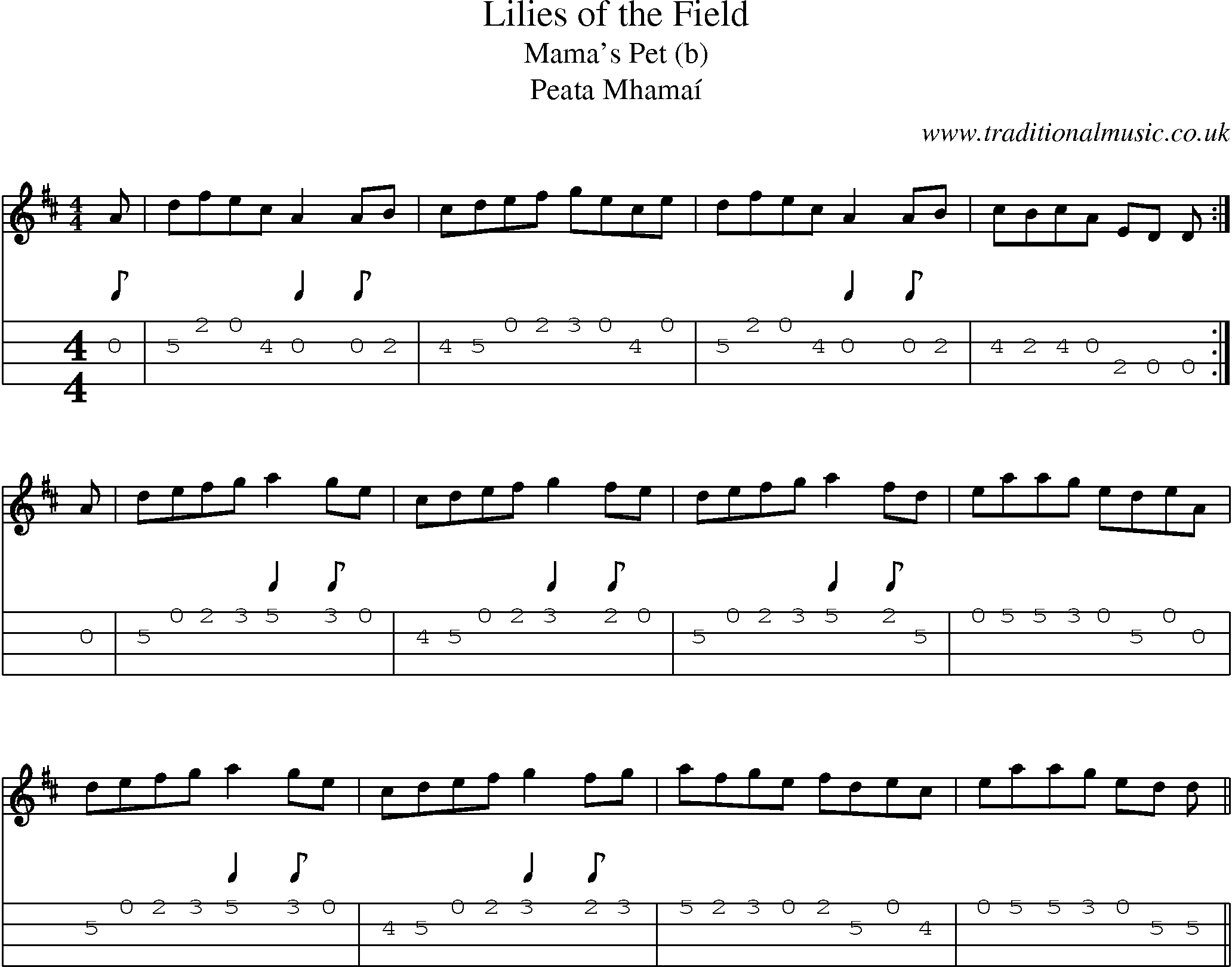 Music Score and Mandolin Tabs for Lilies Of Field