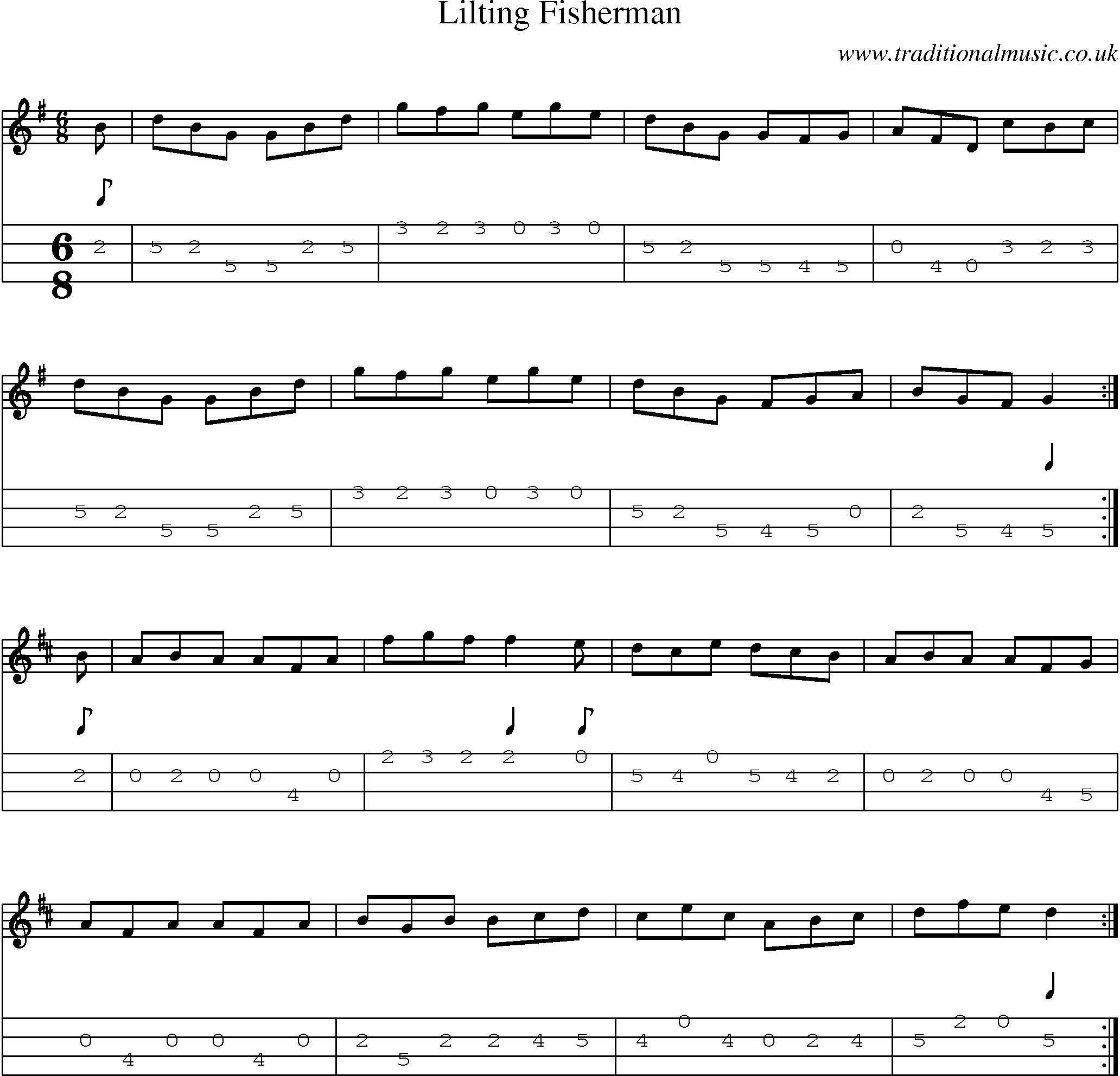 Music Score and Mandolin Tabs for Lilting Fisherman