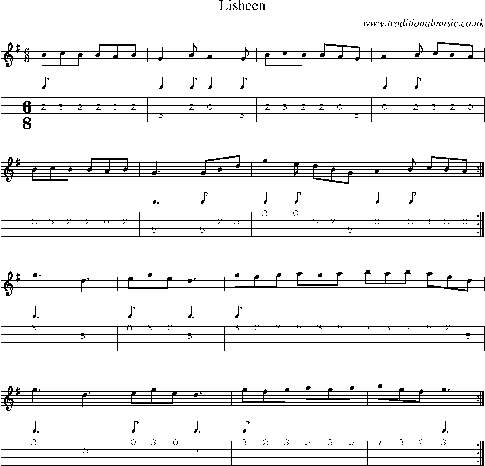 Music Score and Mandolin Tabs for Lisheen