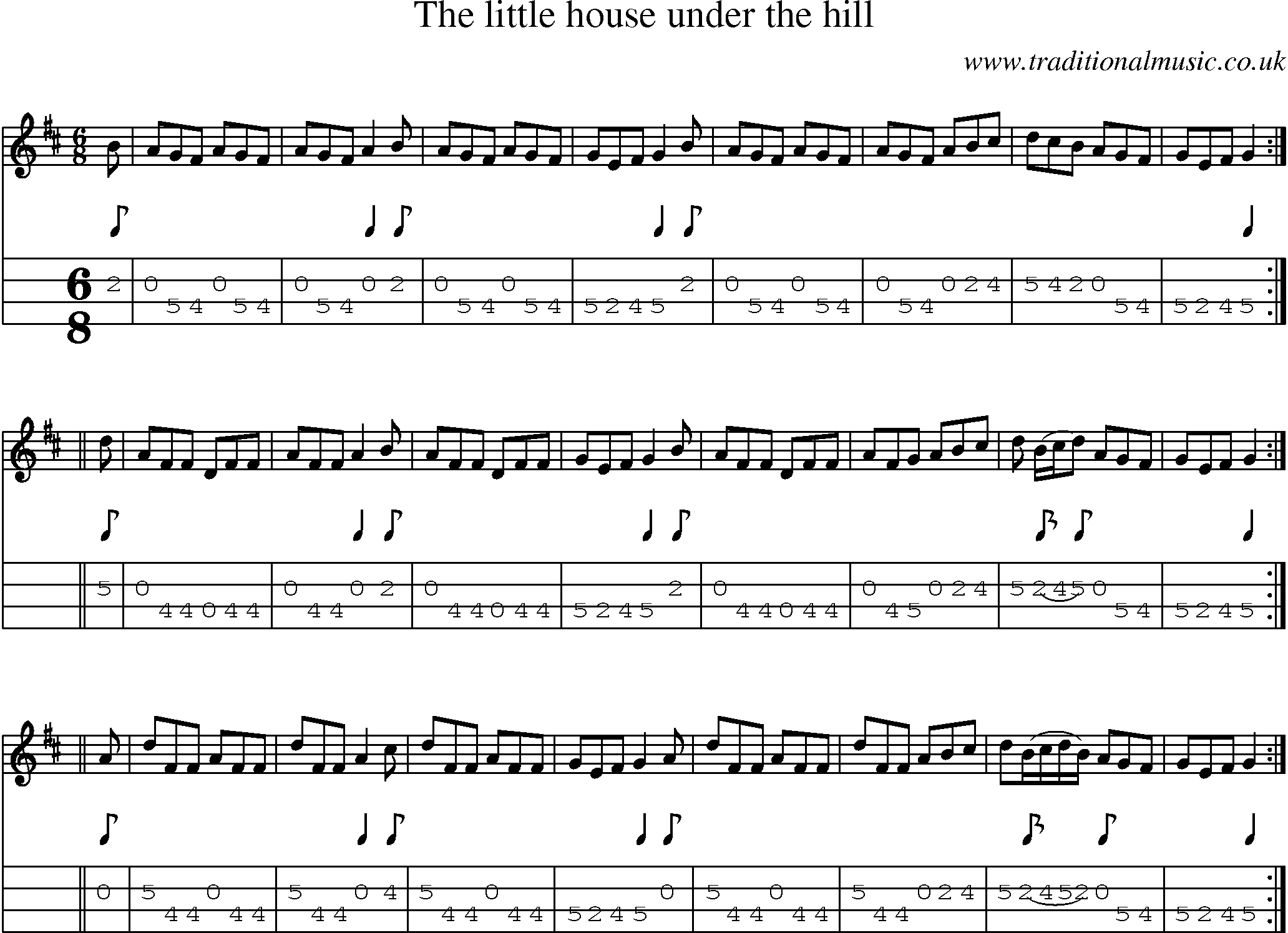Music Score and Mandolin Tabs for Little House Under The Hill