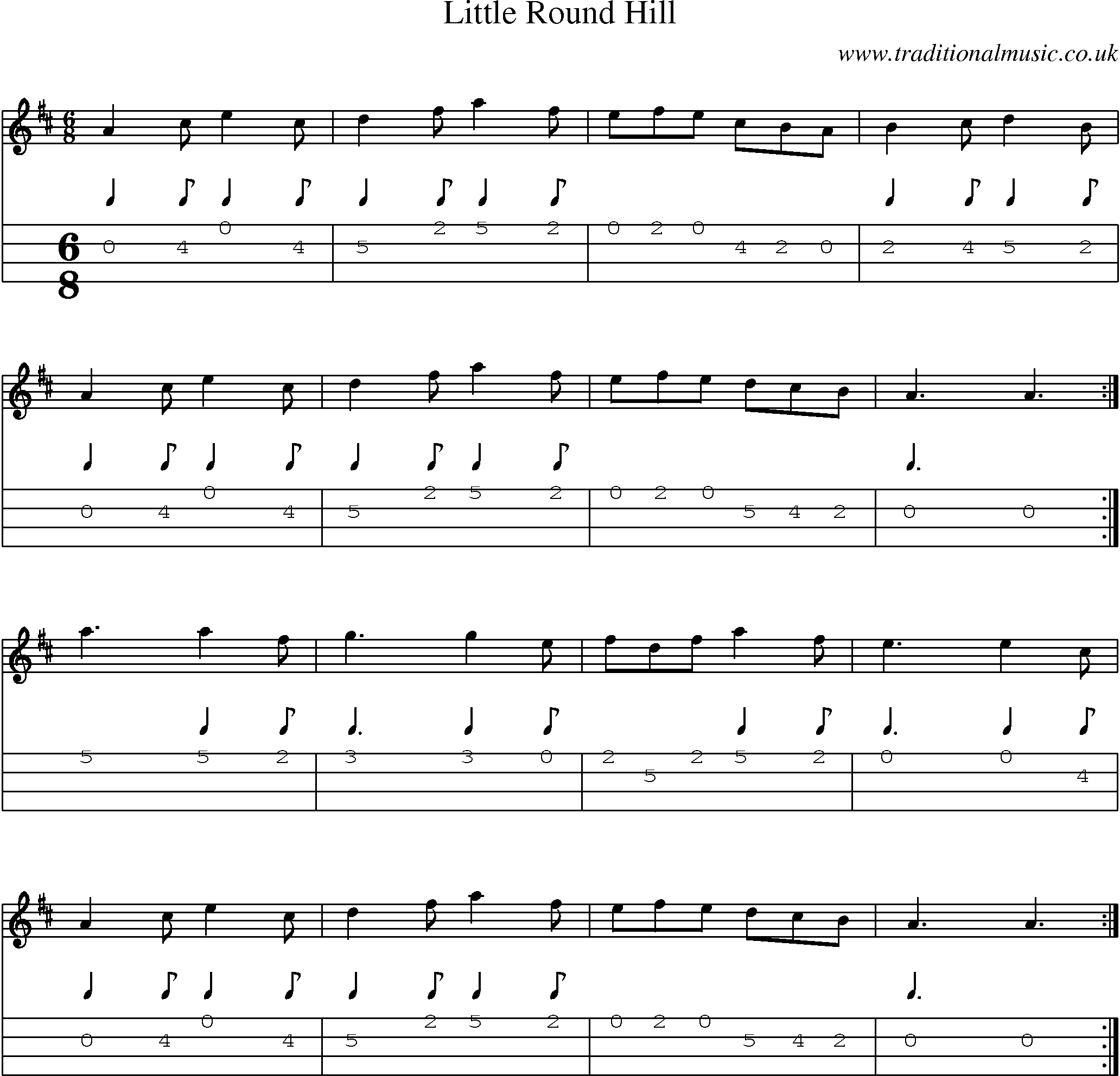 Music Score and Mandolin Tabs for Little Round Hill