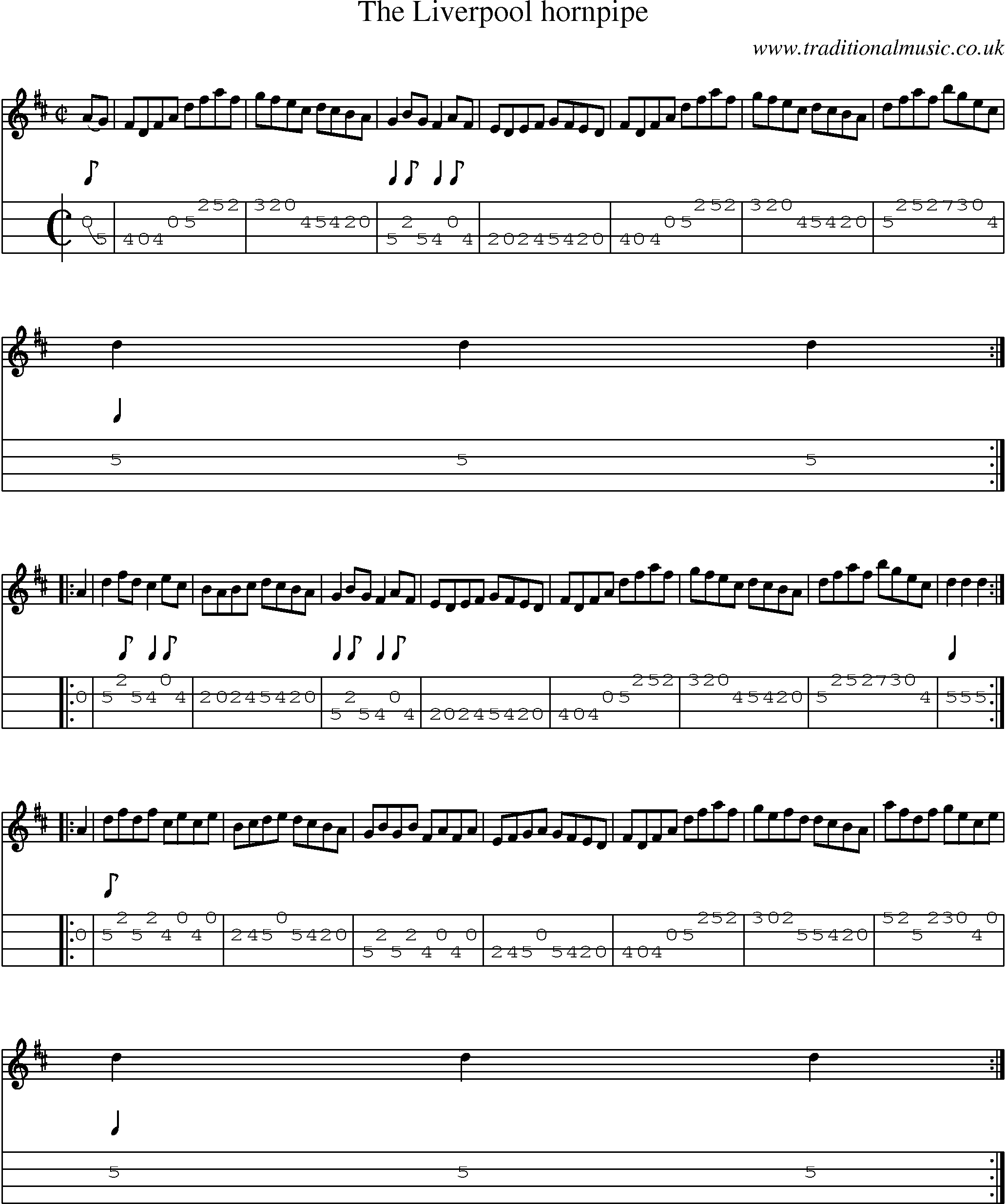Music Score and Mandolin Tabs for Liverpool Hornpipe