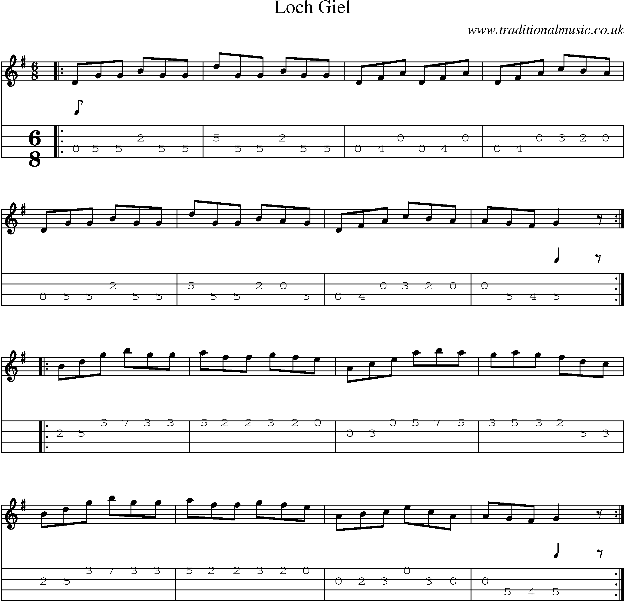 Music Score and Mandolin Tabs for Loch Giel