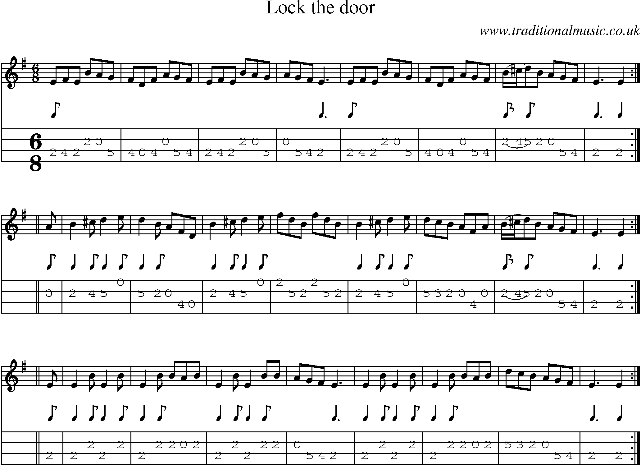 Music Score and Mandolin Tabs for Lock The Door