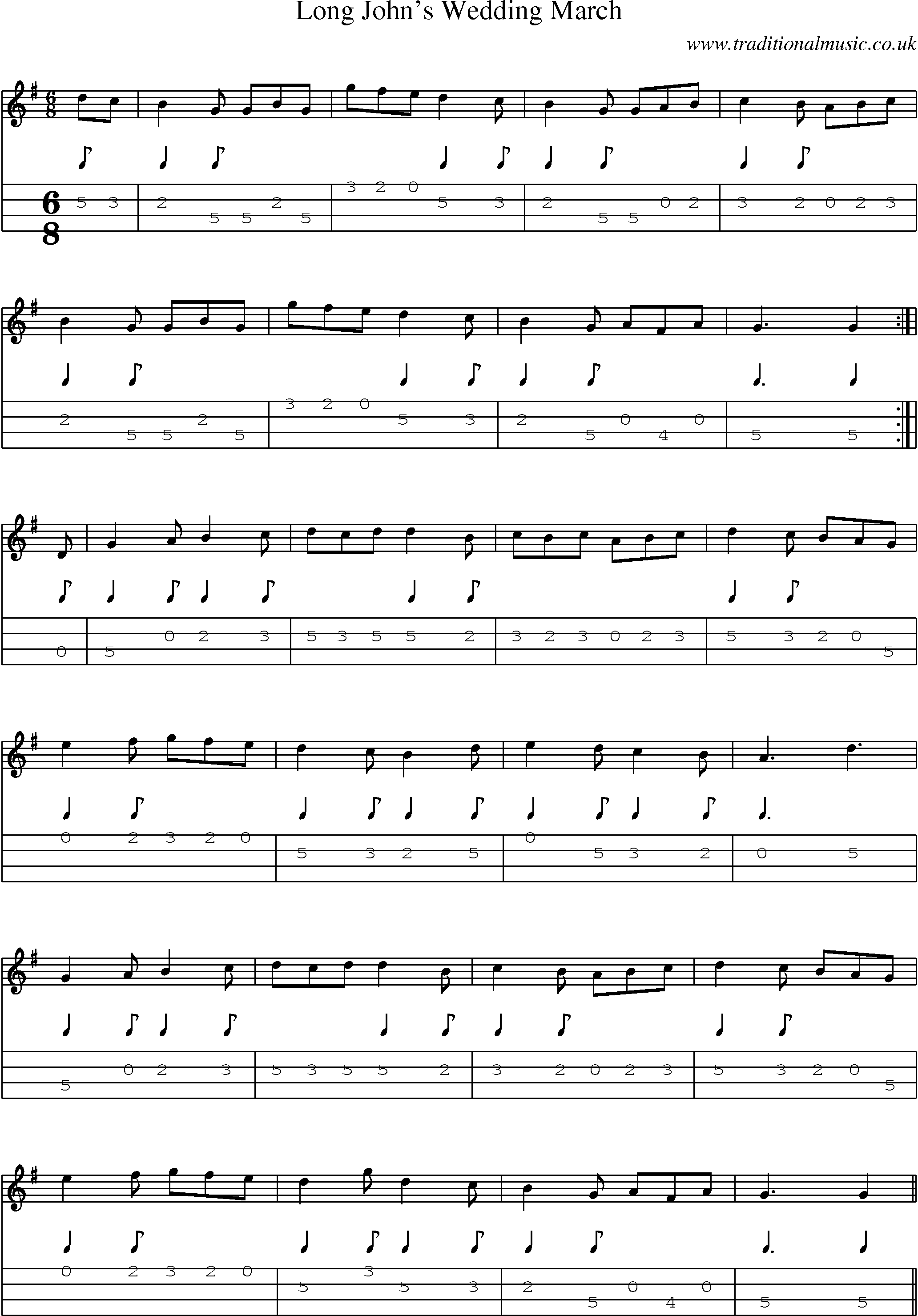 Music Score and Mandolin Tabs for Long Johns Wedding March