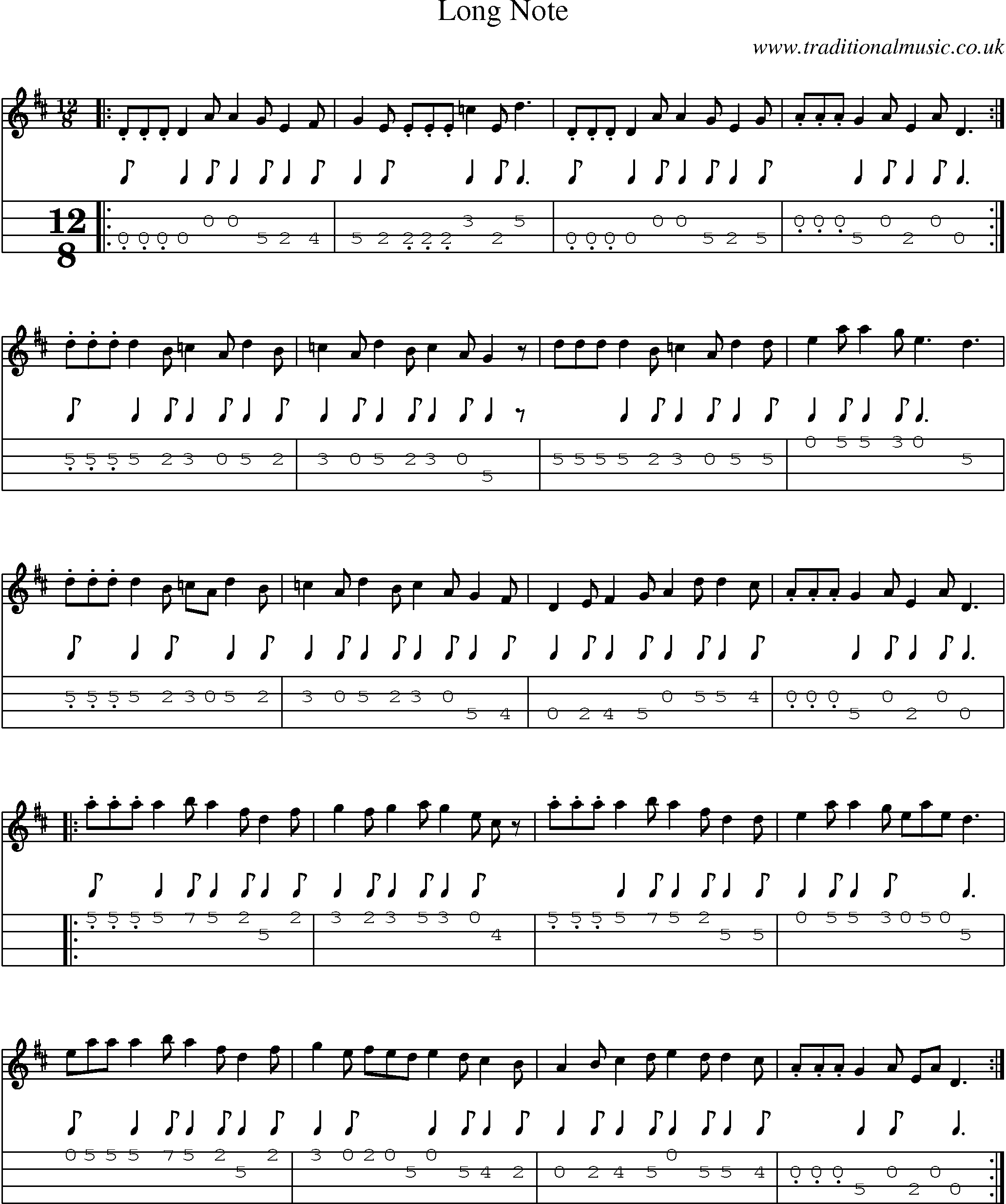 Music Score and Mandolin Tabs for Long Note