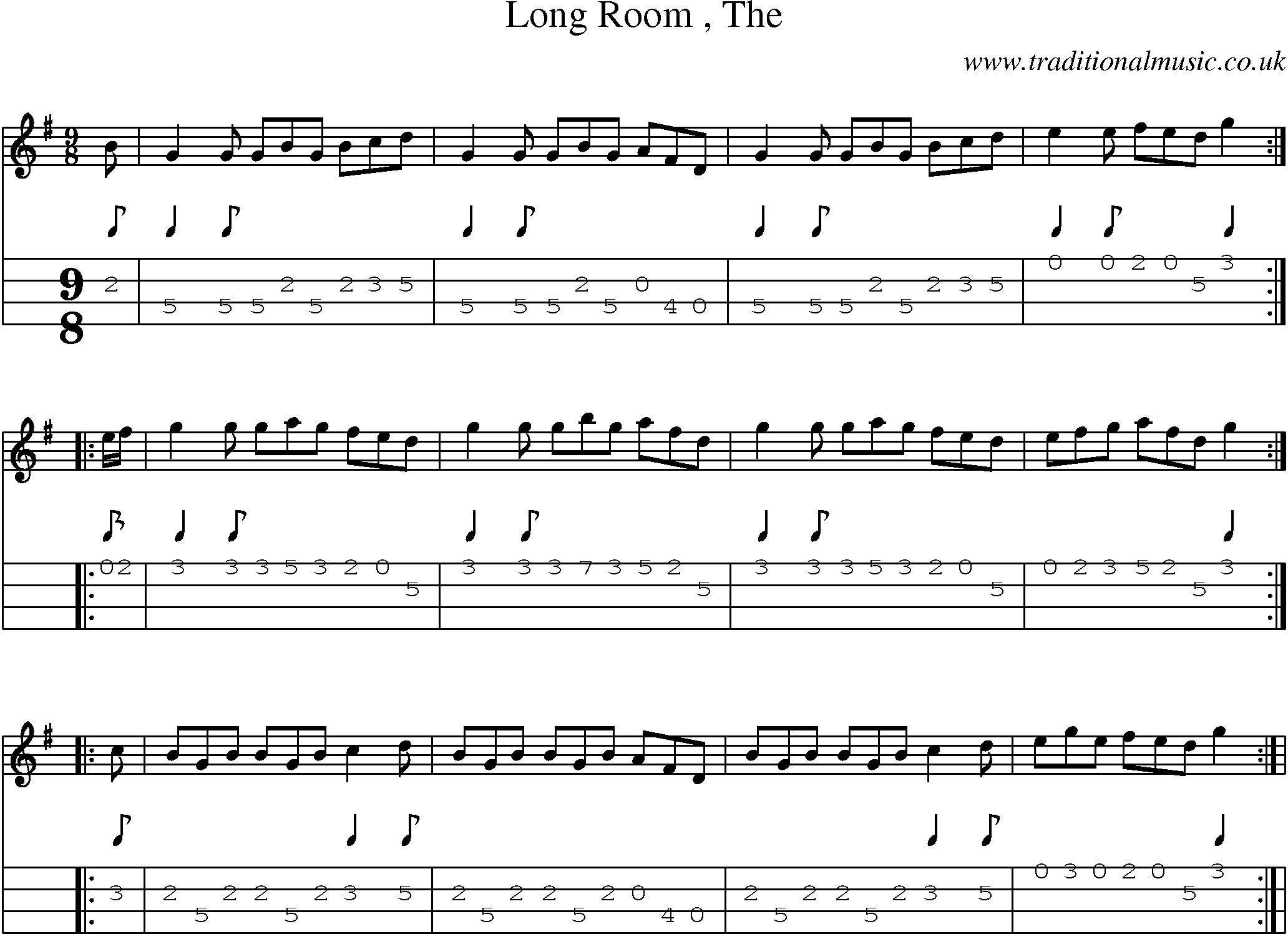Music Score and Mandolin Tabs for Long Room