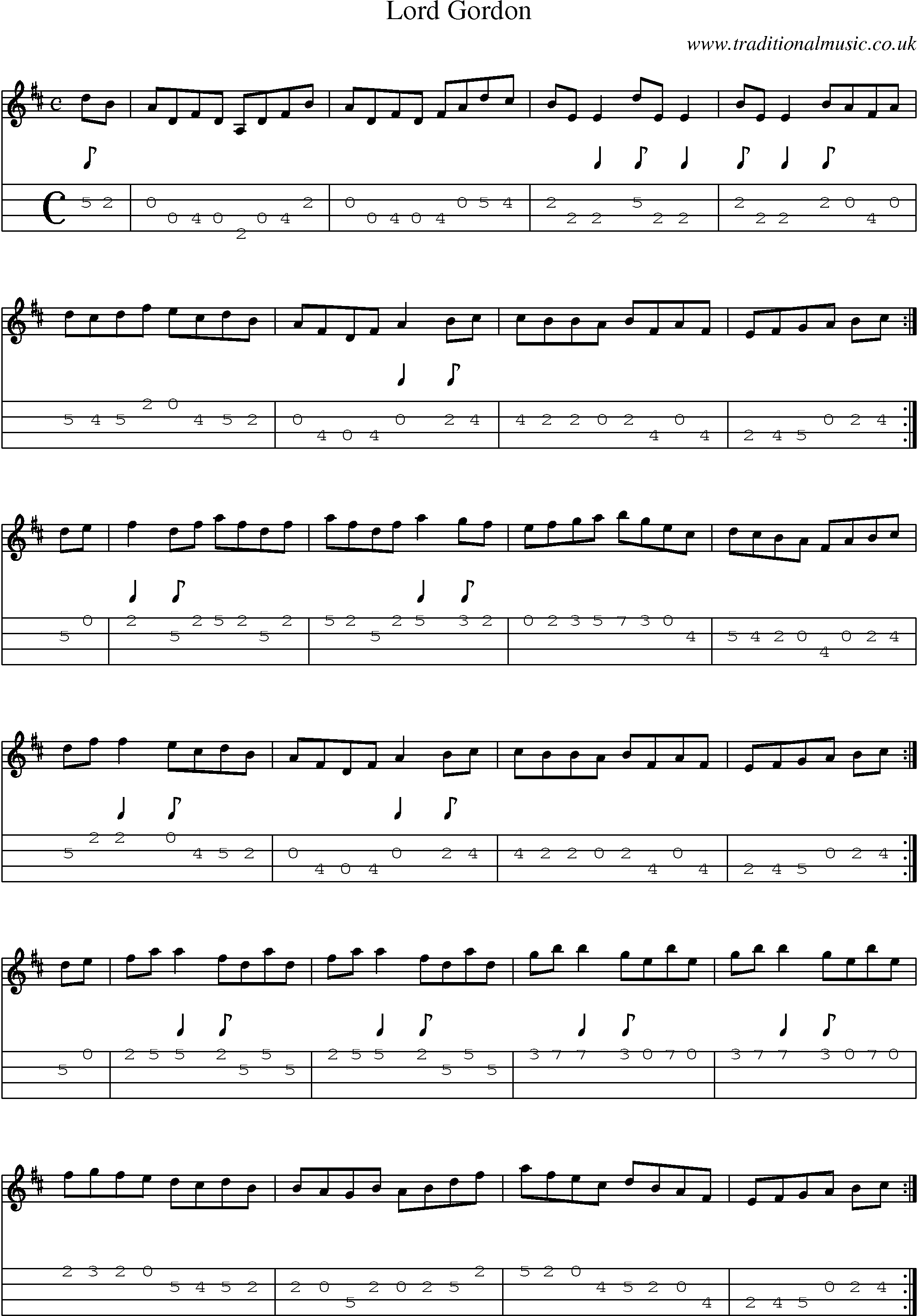 Music Score and Mandolin Tabs for Lord Gordon