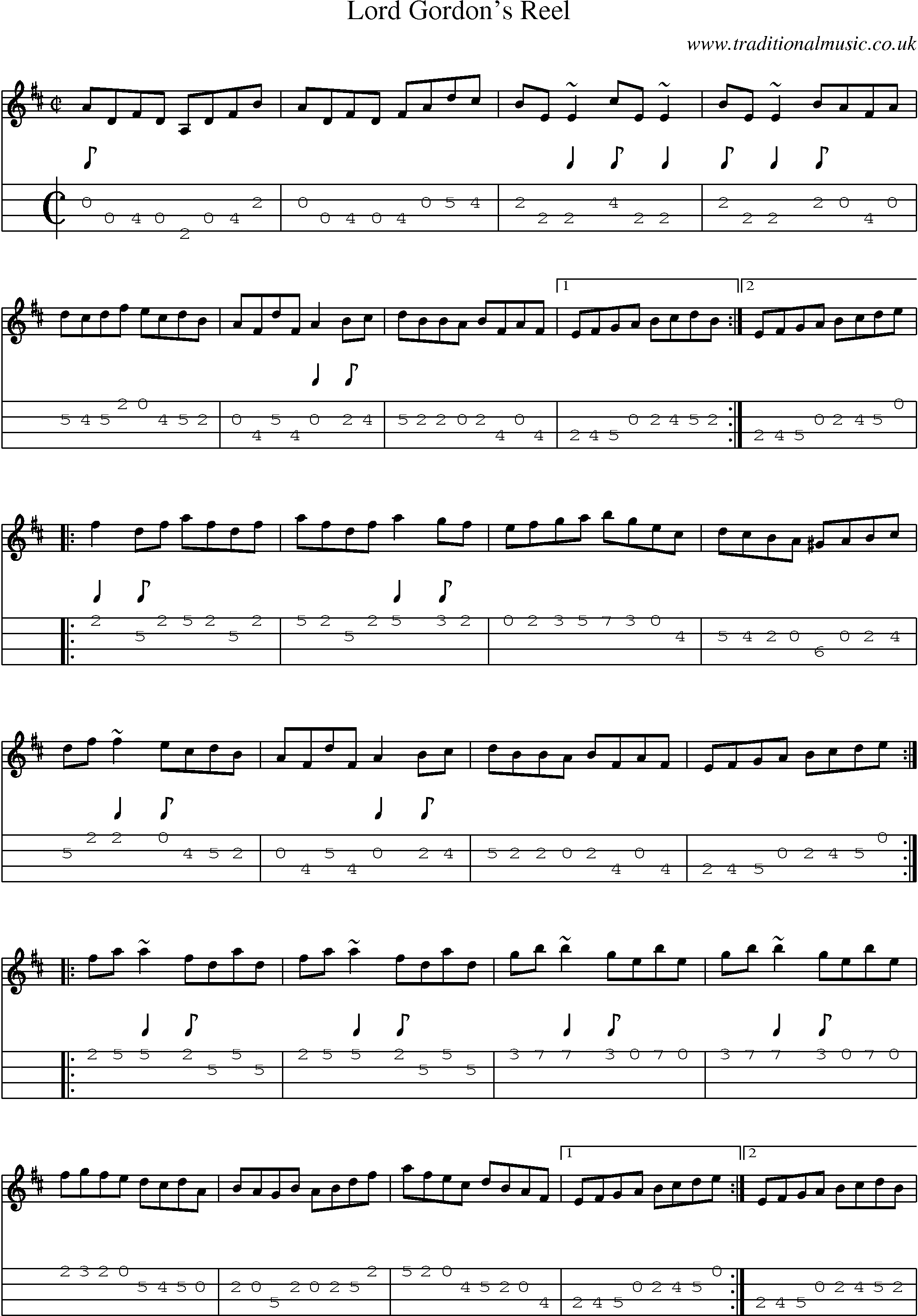 Music Score and Mandolin Tabs for Lord Gordons Reel