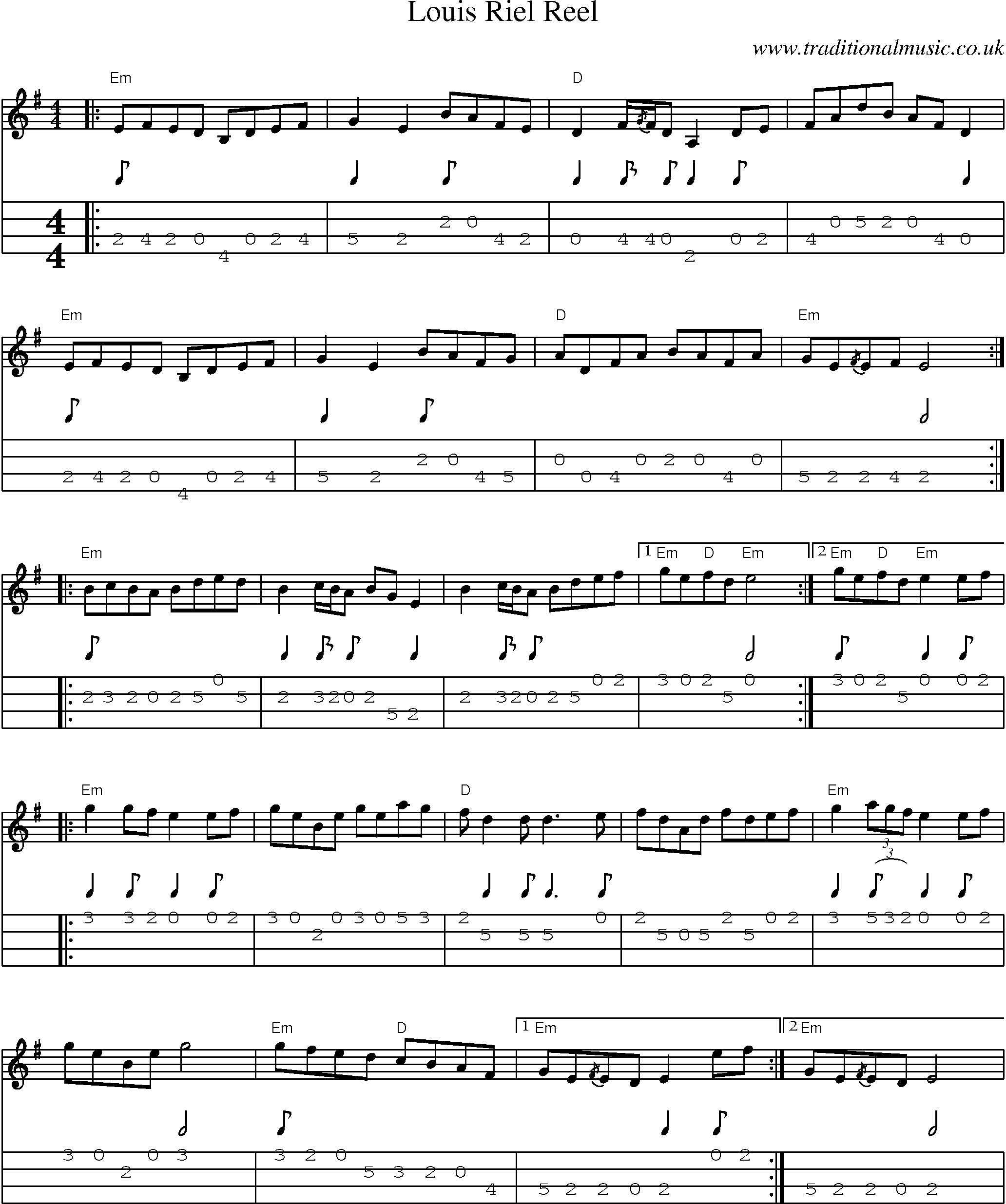 Music Score and Mandolin Tabs for Louis Riel Reel