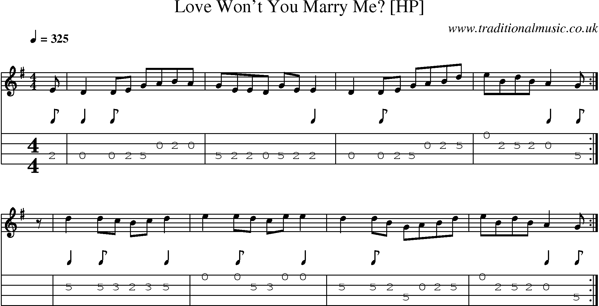 Music Score and Mandolin Tabs for Love Wont You Marry Me