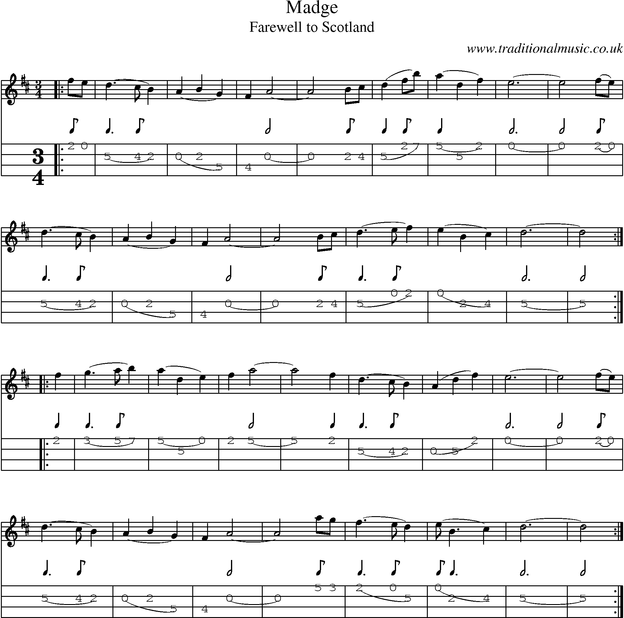 Music Score and Mandolin Tabs for Madge