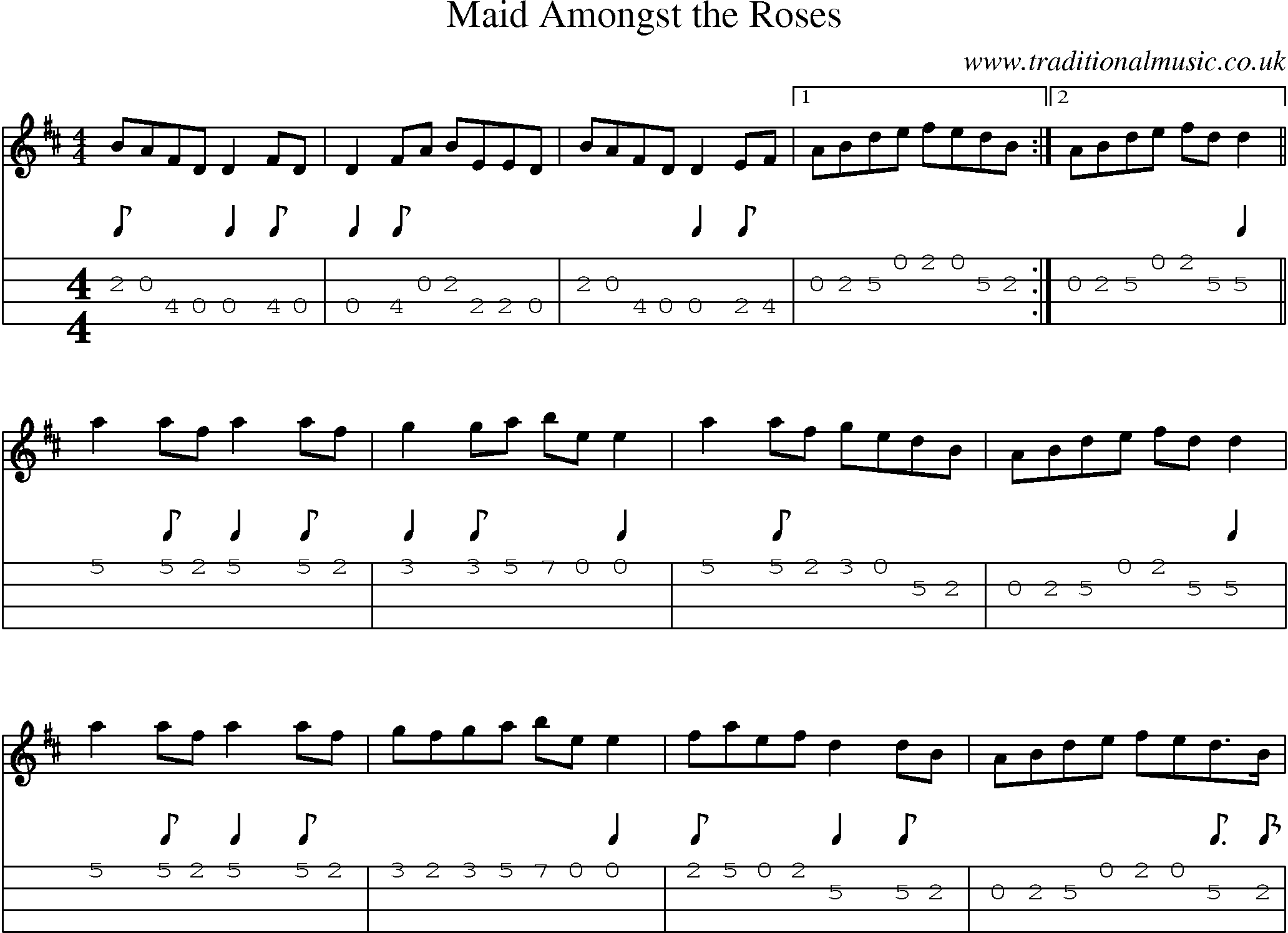 Music Score and Mandolin Tabs for Maid Amongst Roses