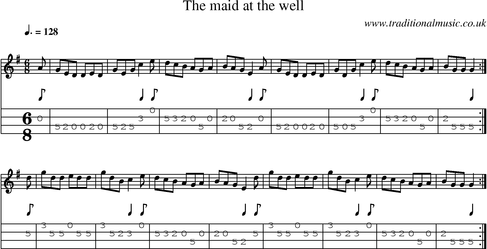 Music Score and Mandolin Tabs for Maid At The Well