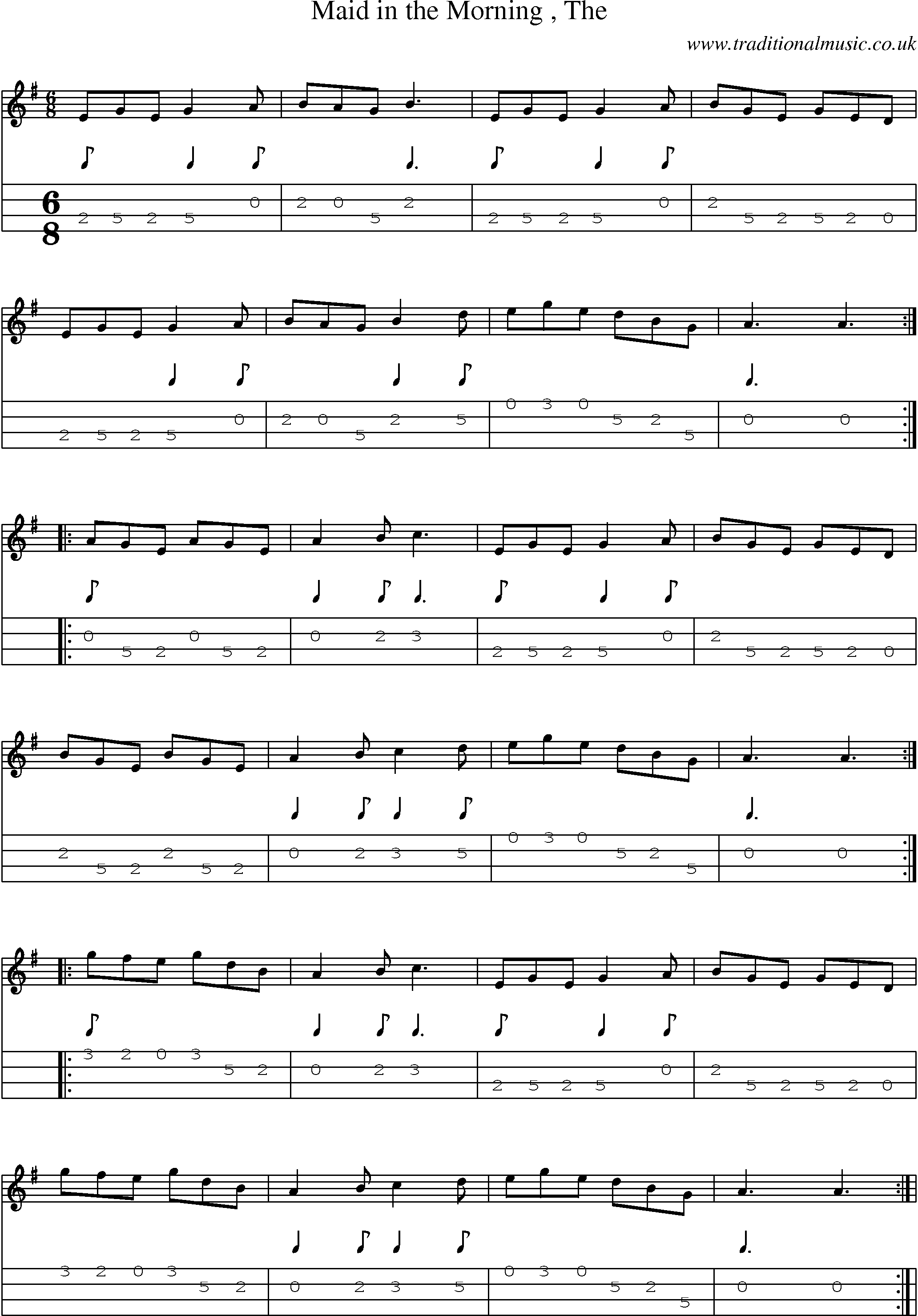 Music Score and Mandolin Tabs for Maid In Morning