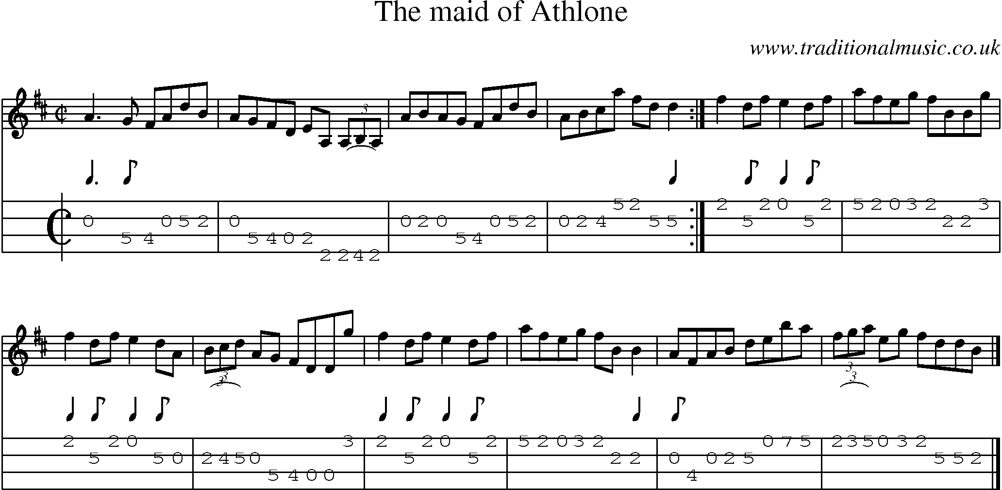 Music Score and Mandolin Tabs for Maid Of Athlone