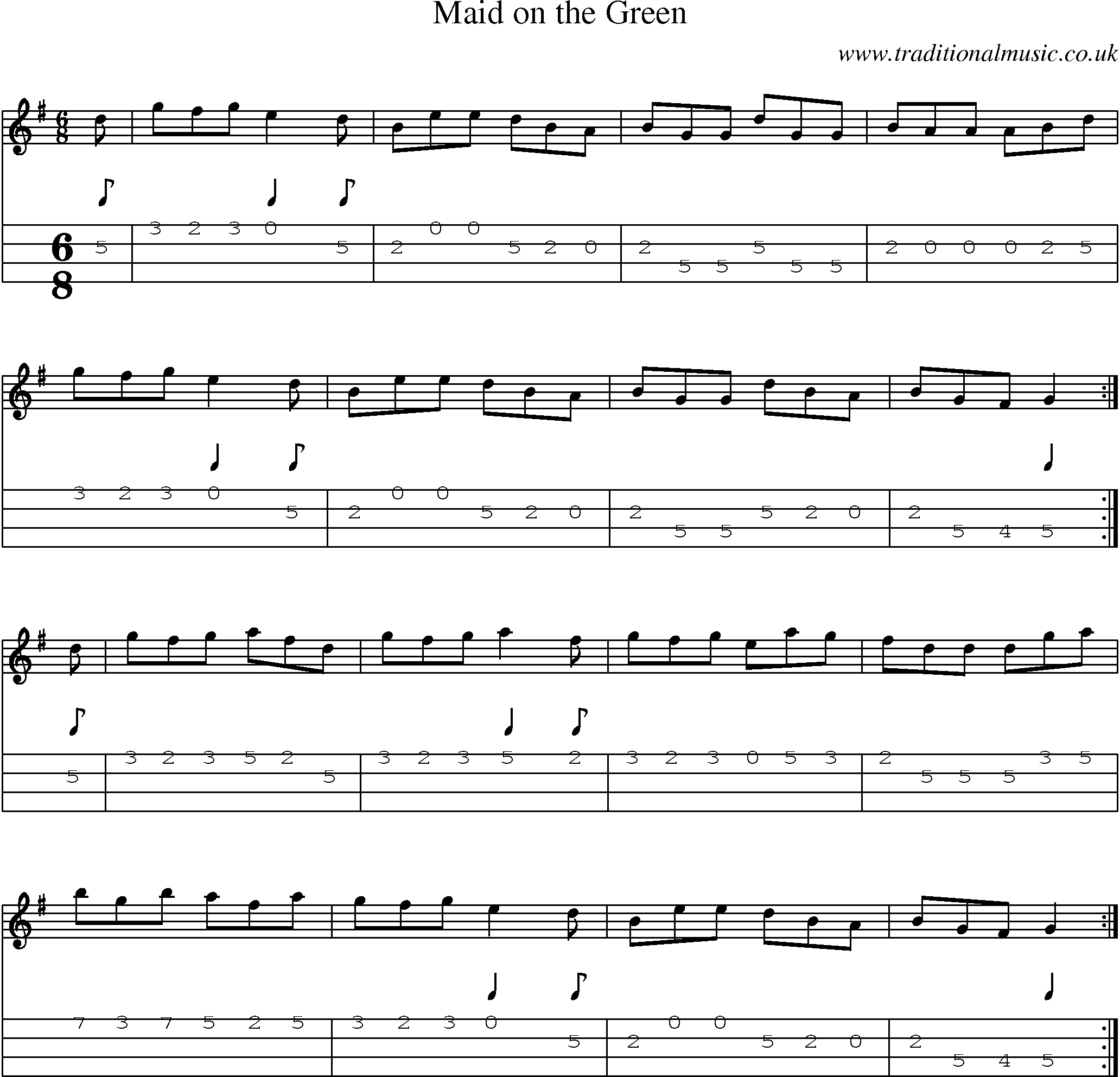 Music Score and Mandolin Tabs for Maid On Green