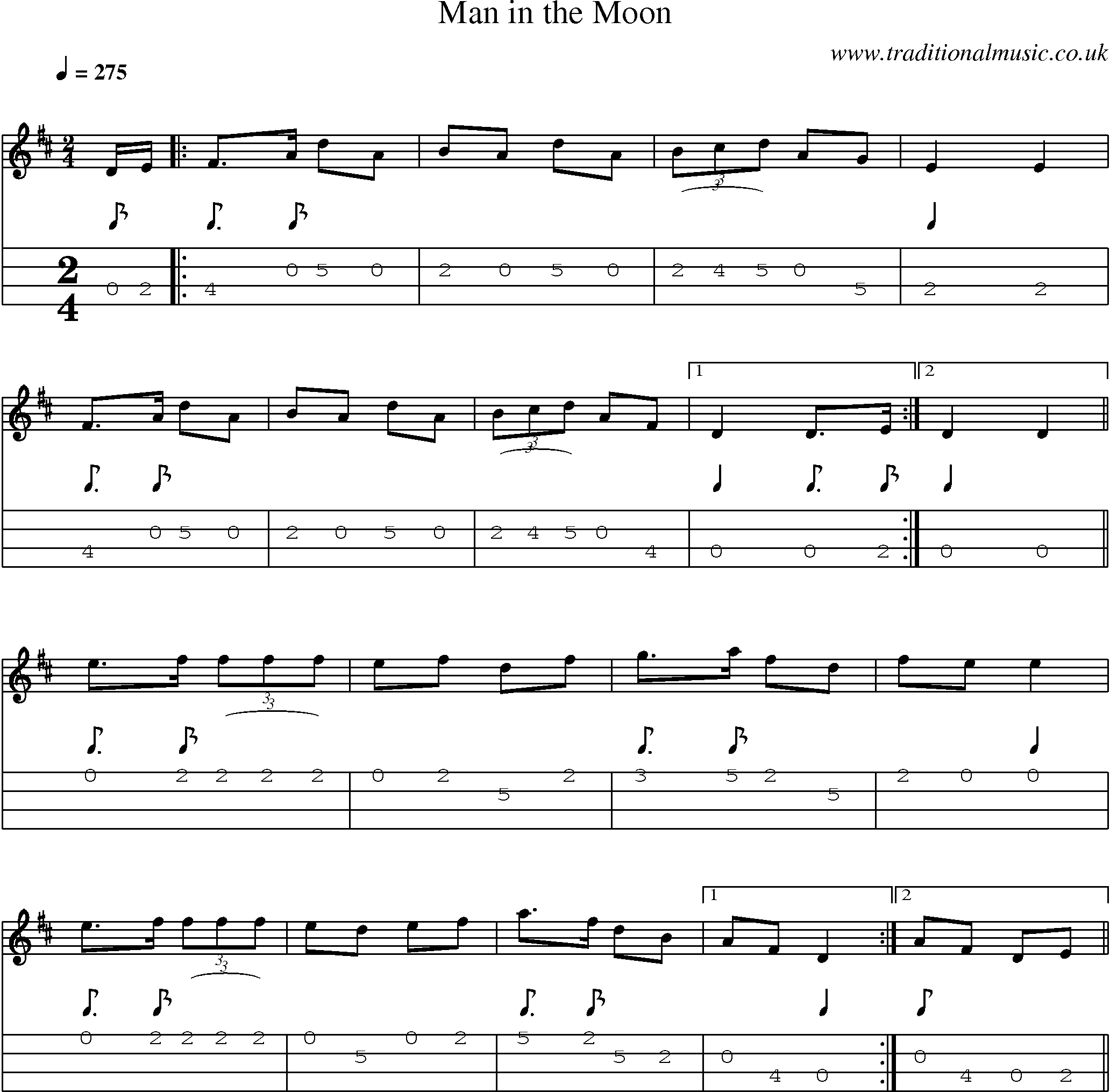 Music Score and Mandolin Tabs for Man In Moon