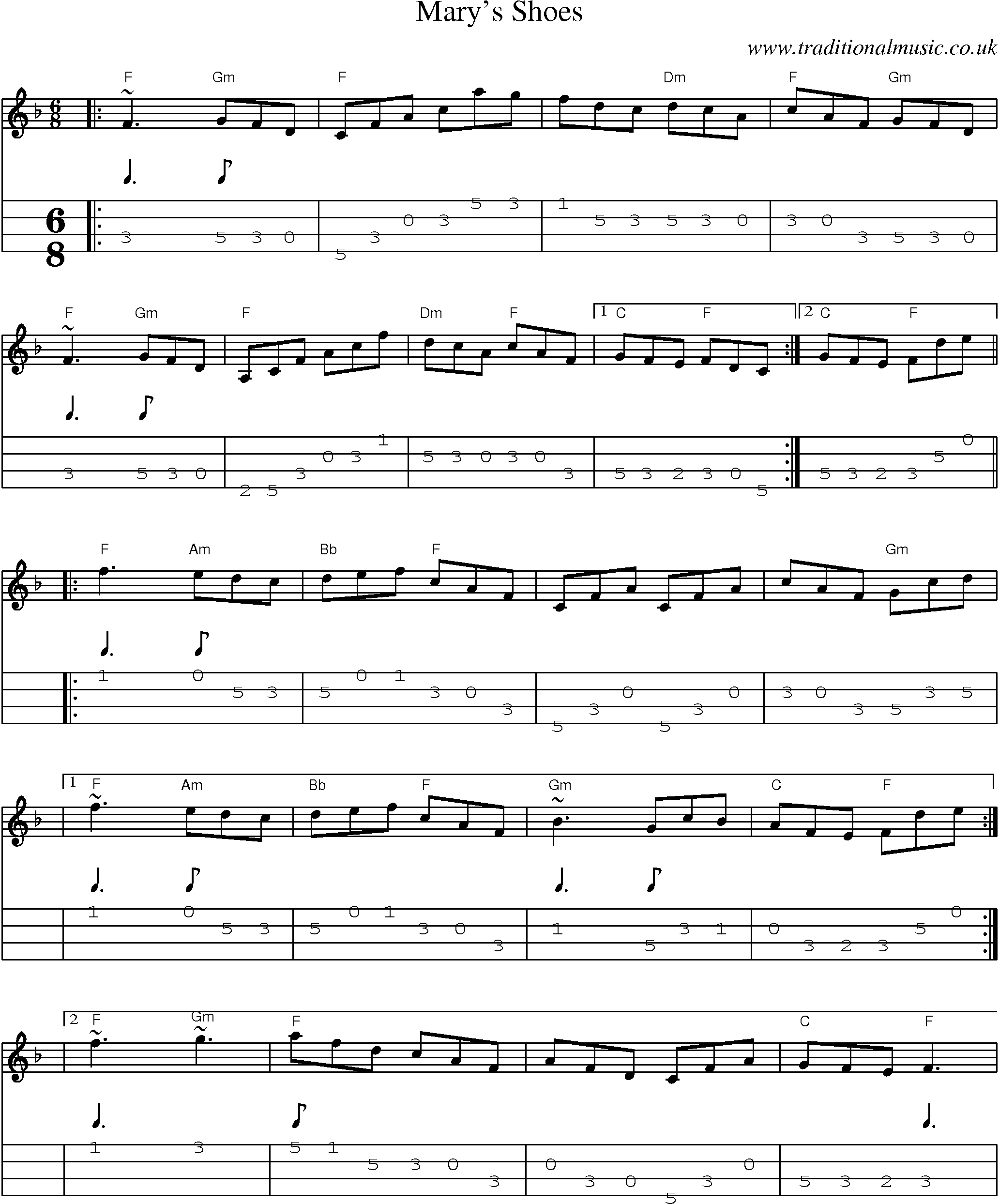 Music Score and Mandolin Tabs for Marys Shoes
