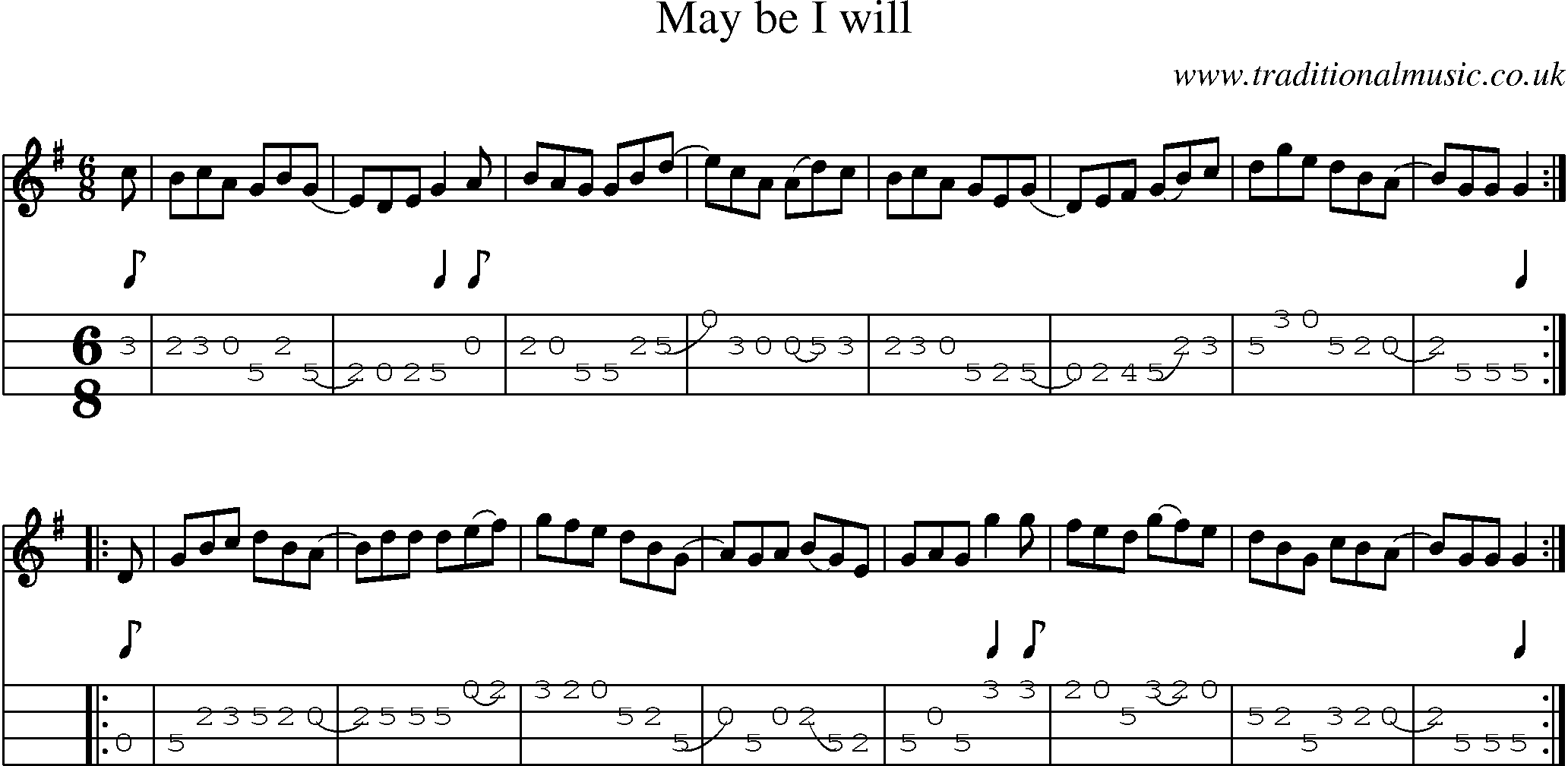 Music Score and Mandolin Tabs for May Be I Will