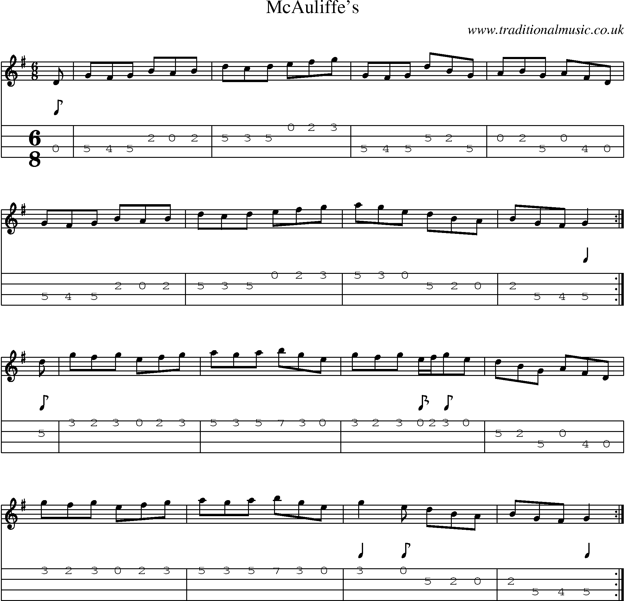 Music Score and Mandolin Tabs for Mcauliffes