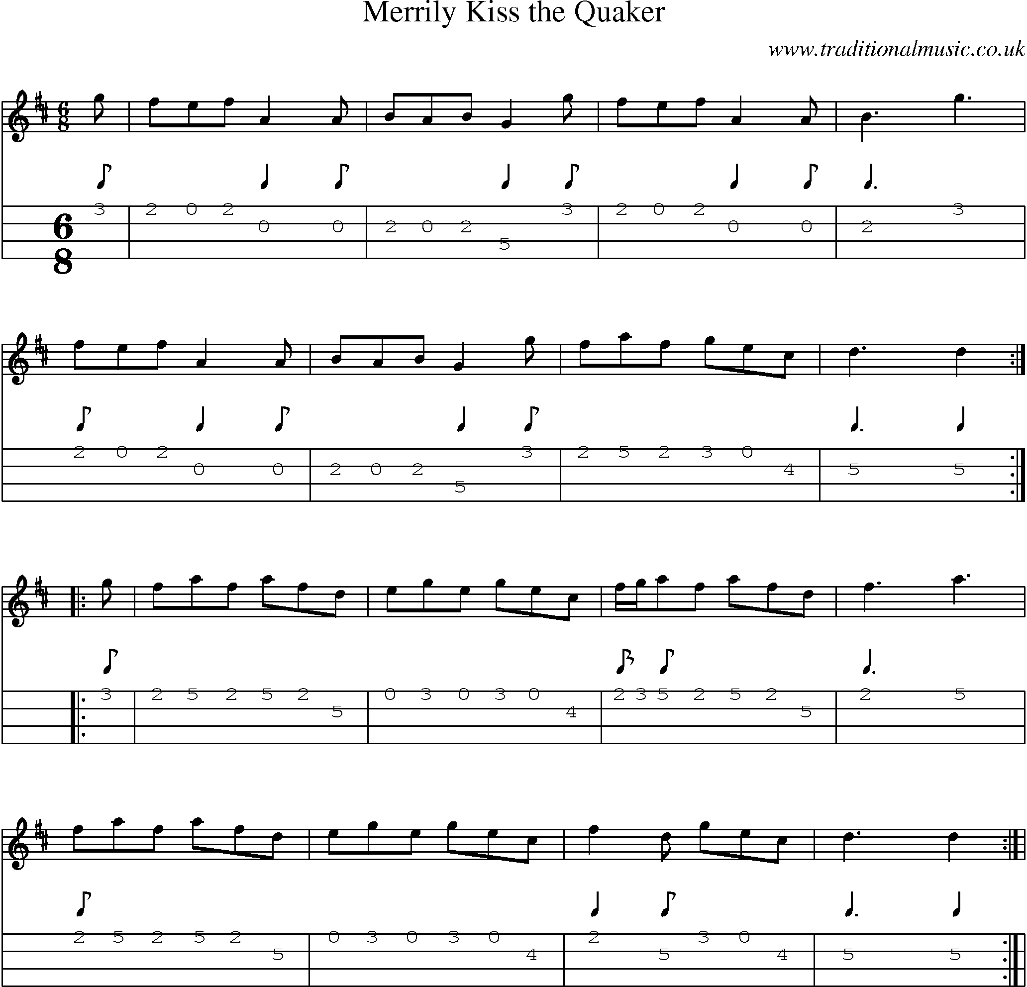 Music Score and Mandolin Tabs for Merrily Kiss Quaker 