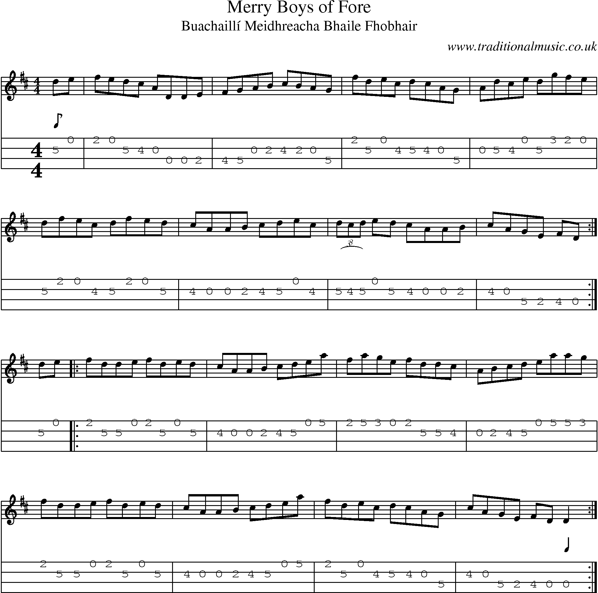 Music Score and Mandolin Tabs for Merry Boys Of Fore