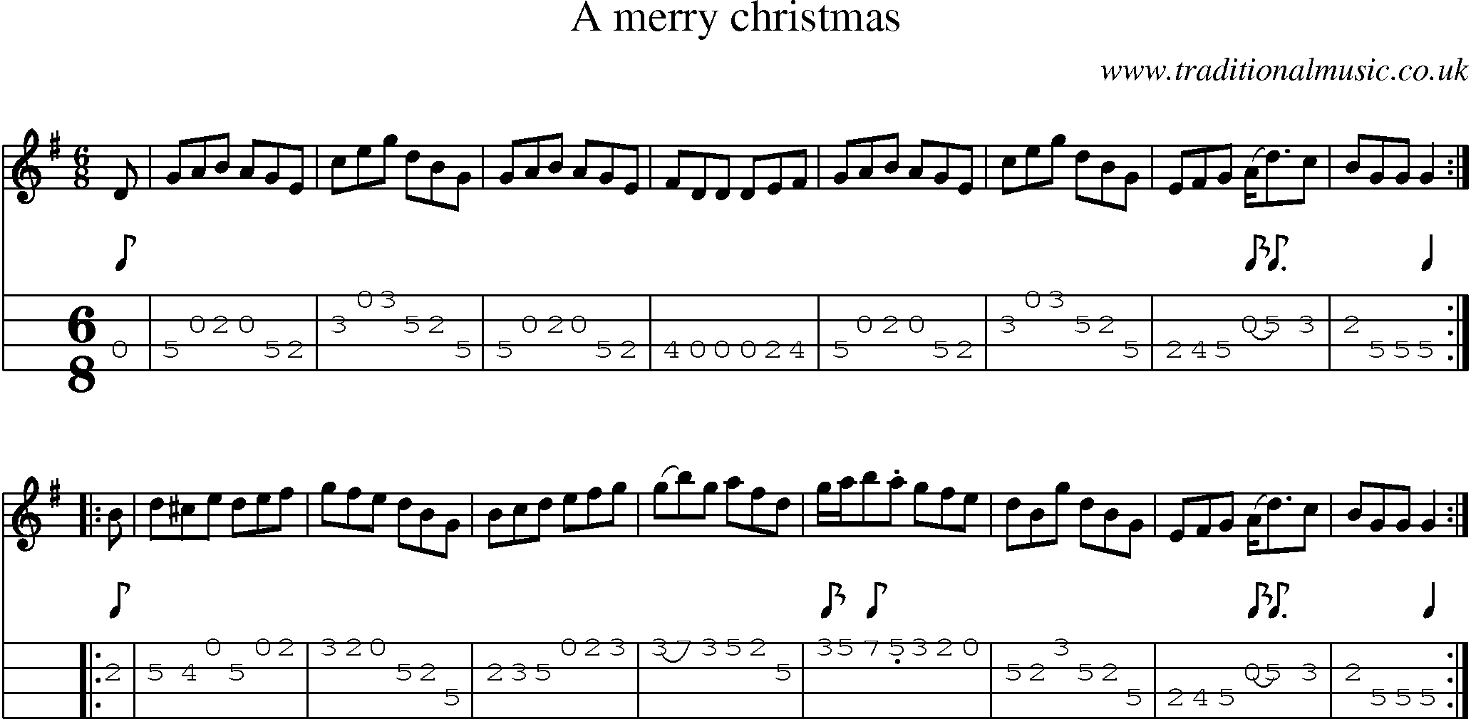 Music Score and Mandolin Tabs for Merry Christmas
