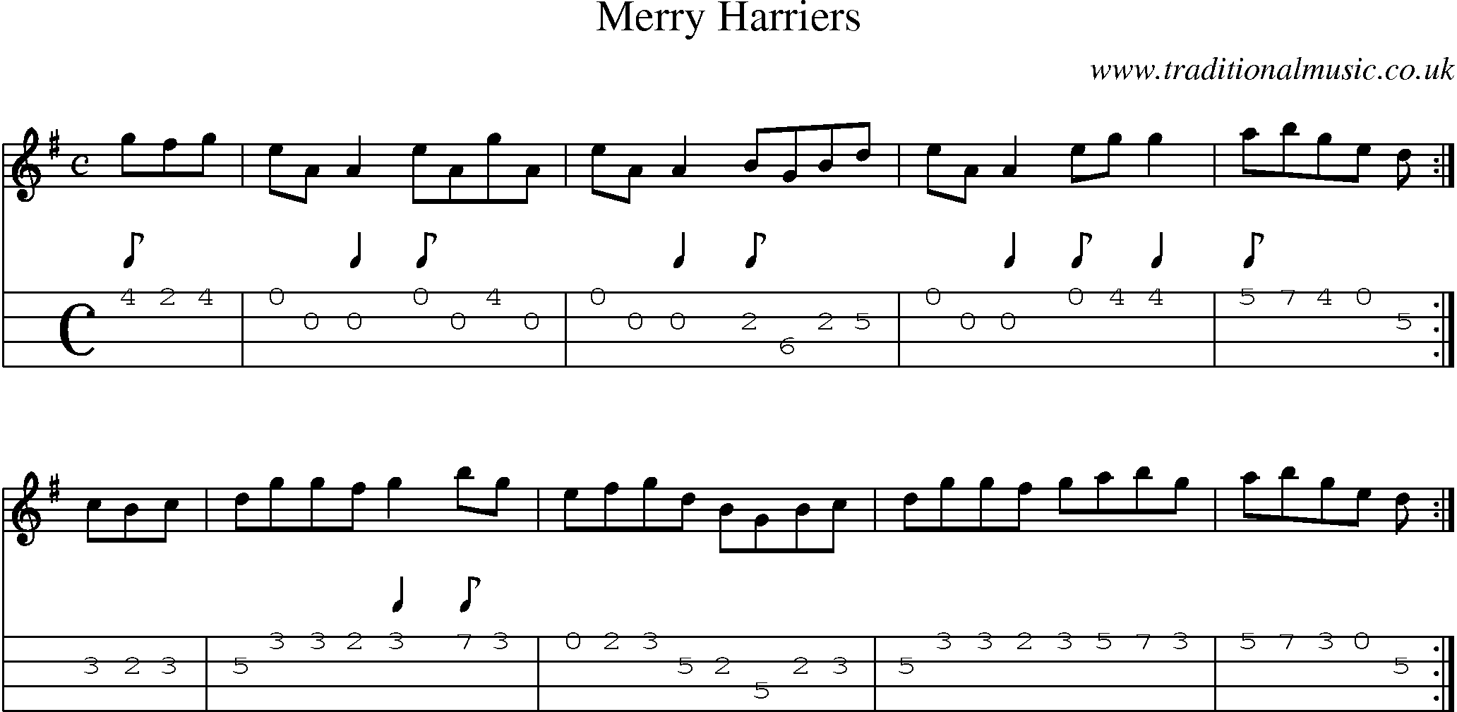 Music Score and Mandolin Tabs for Merry Harriers