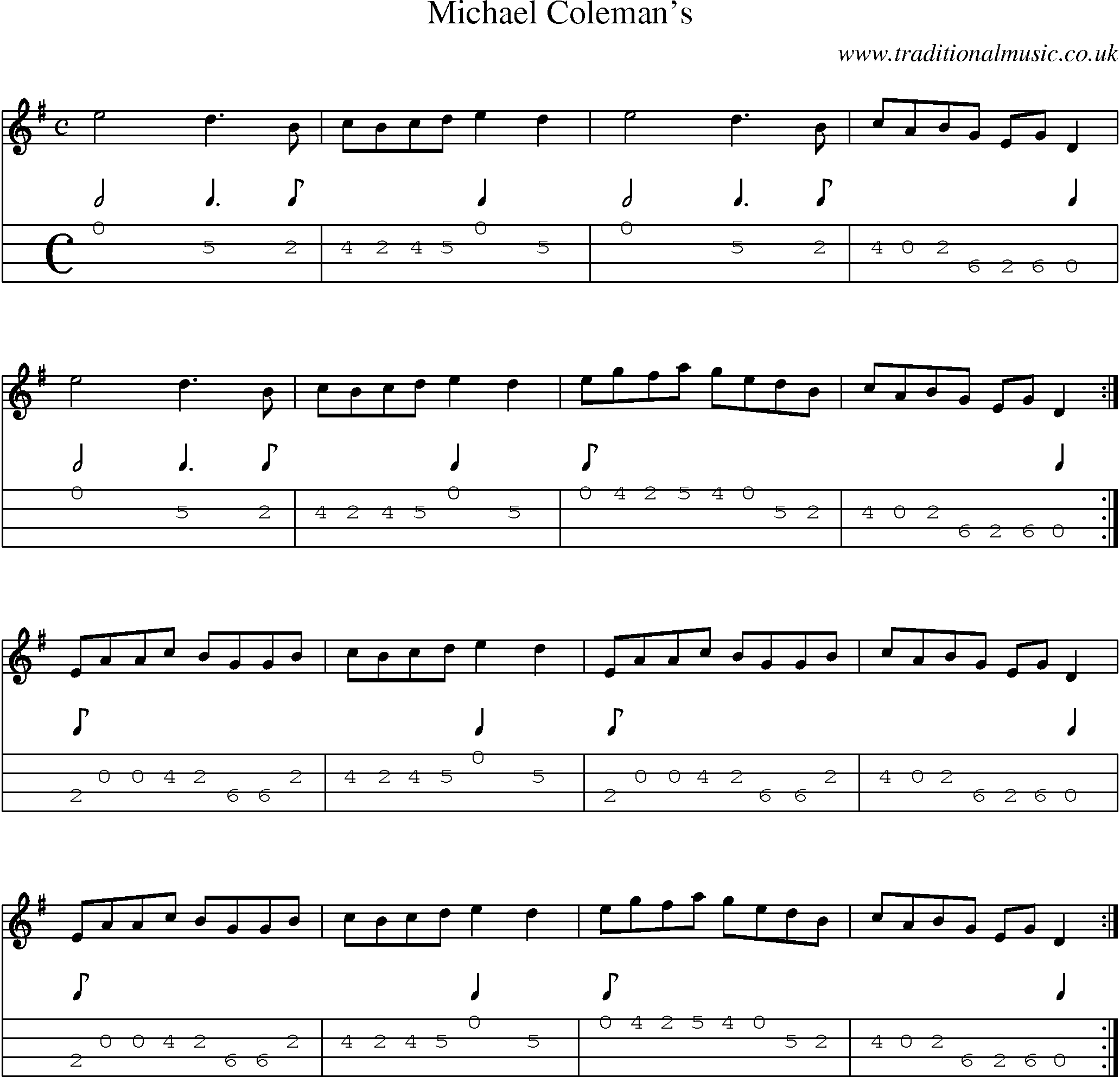 Music Score and Mandolin Tabs for Michael Colemans