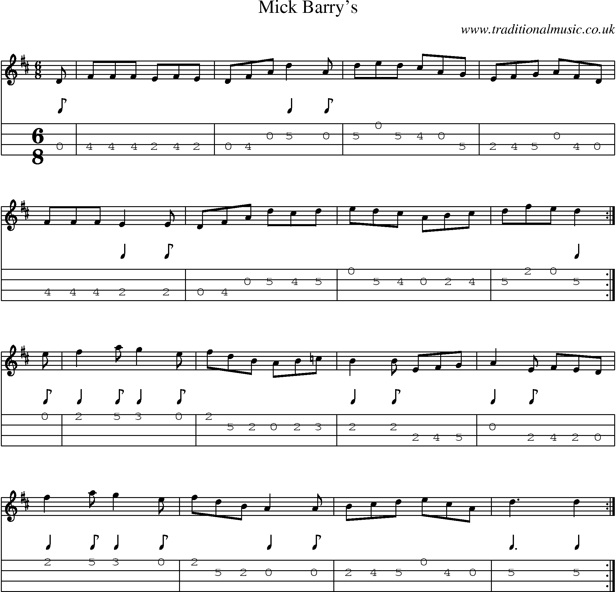 Music Score and Mandolin Tabs for Mick Barrys