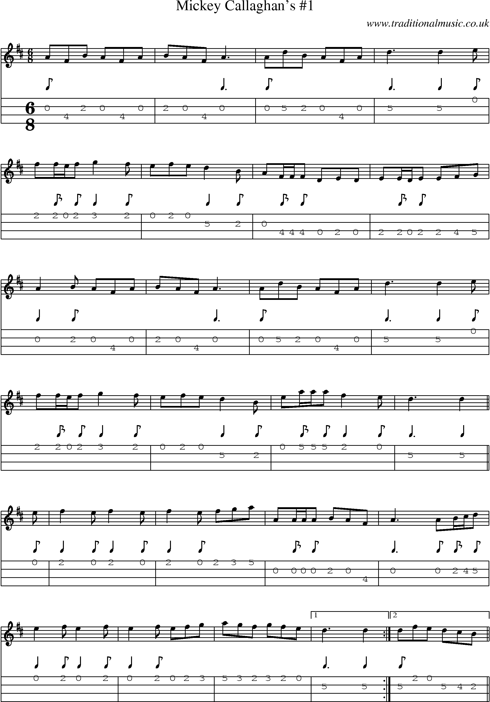 Music Score and Mandolin Tabs for Mickey Callaghans 1