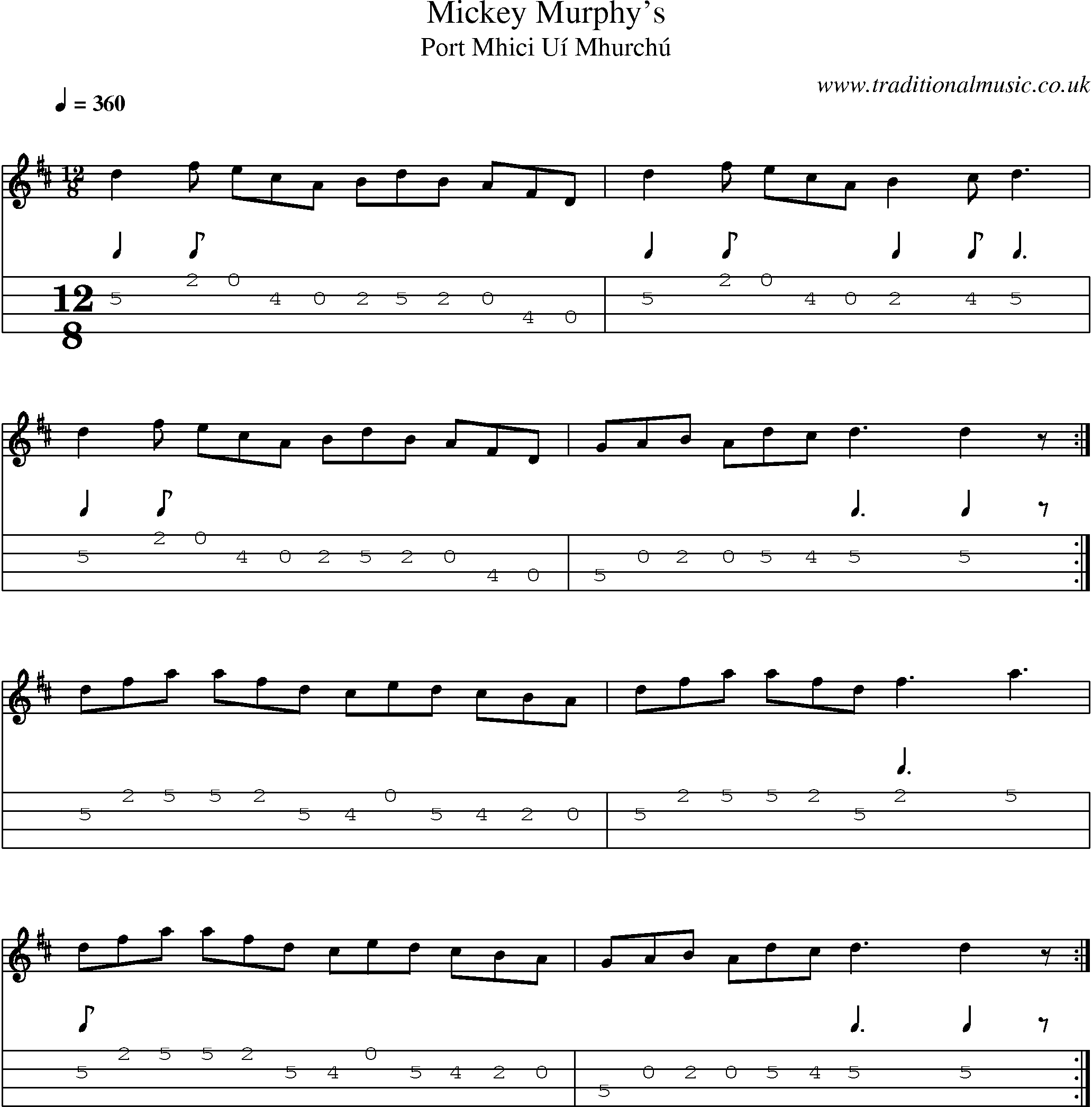 Music Score and Mandolin Tabs for Mickey Murphys