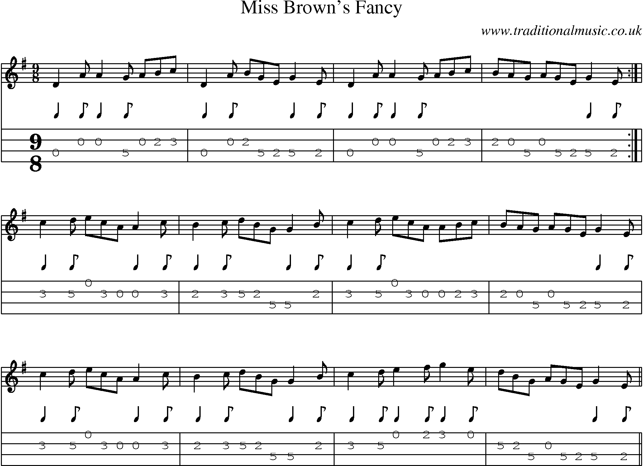 Music Score and Mandolin Tabs for Miss Browns Fancy