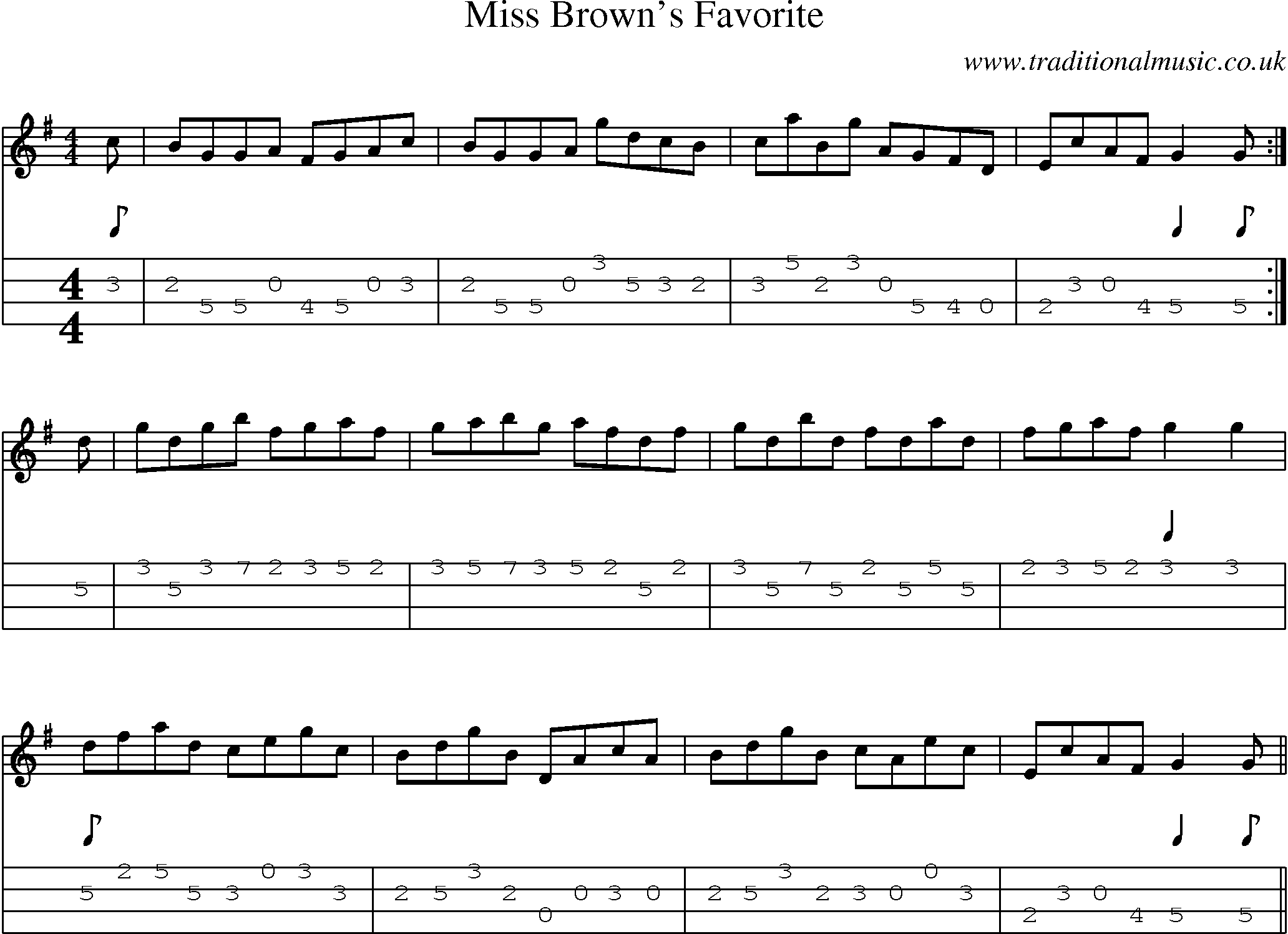Music Score and Mandolin Tabs for Miss Browns Favorite