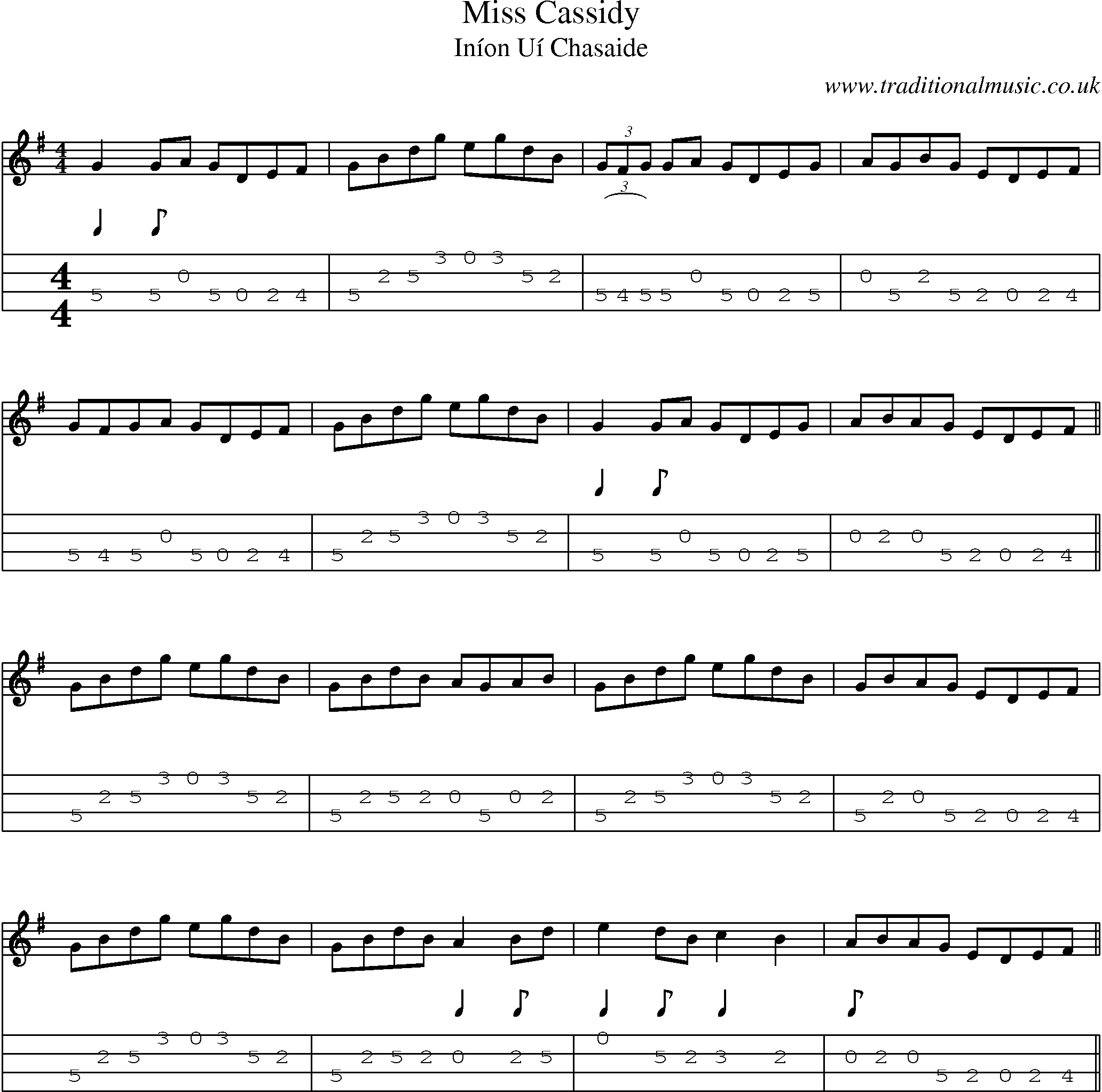 Music Score and Mandolin Tabs for Miss Cassidy