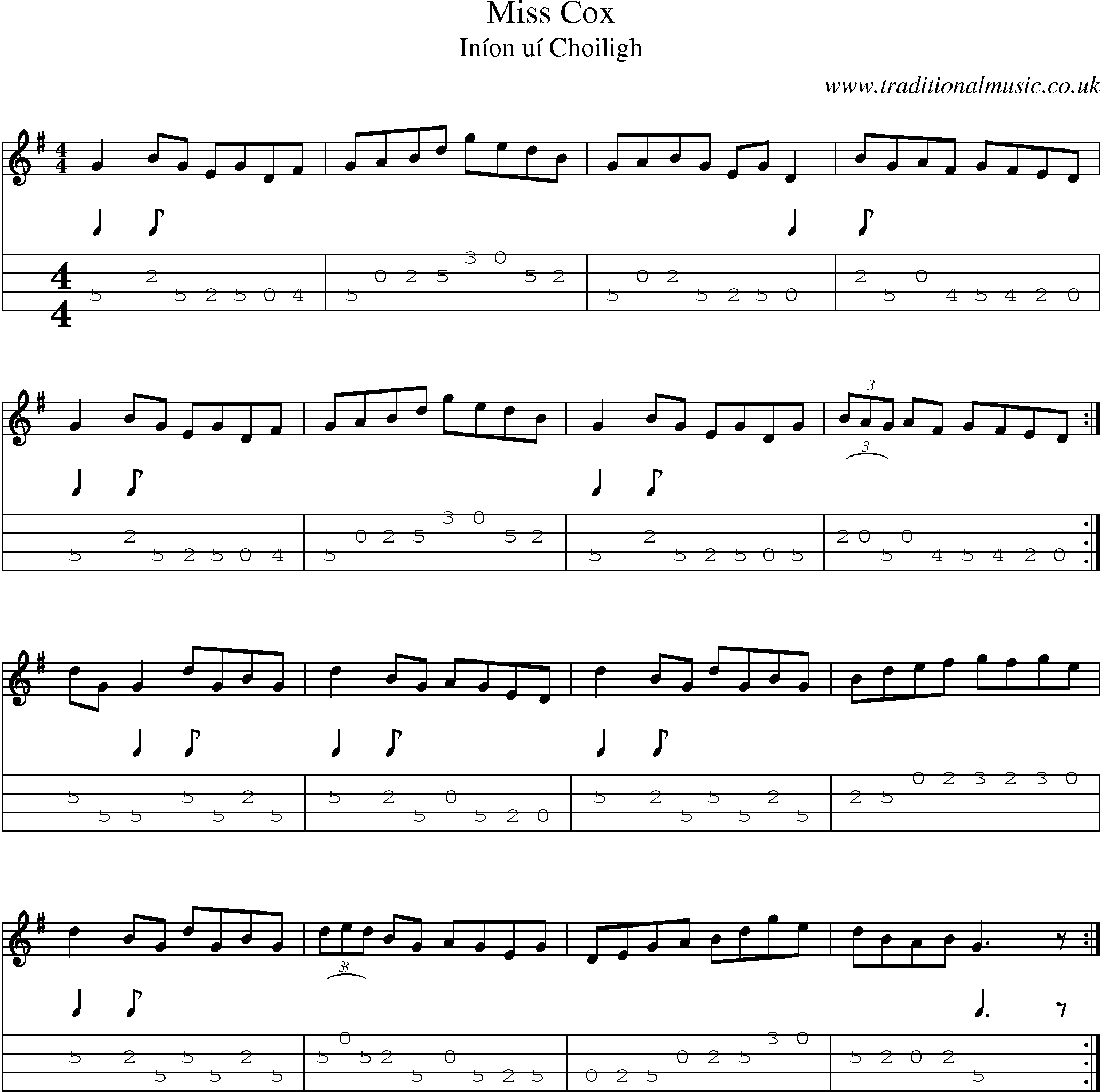 Music Score and Mandolin Tabs for Miss Cox