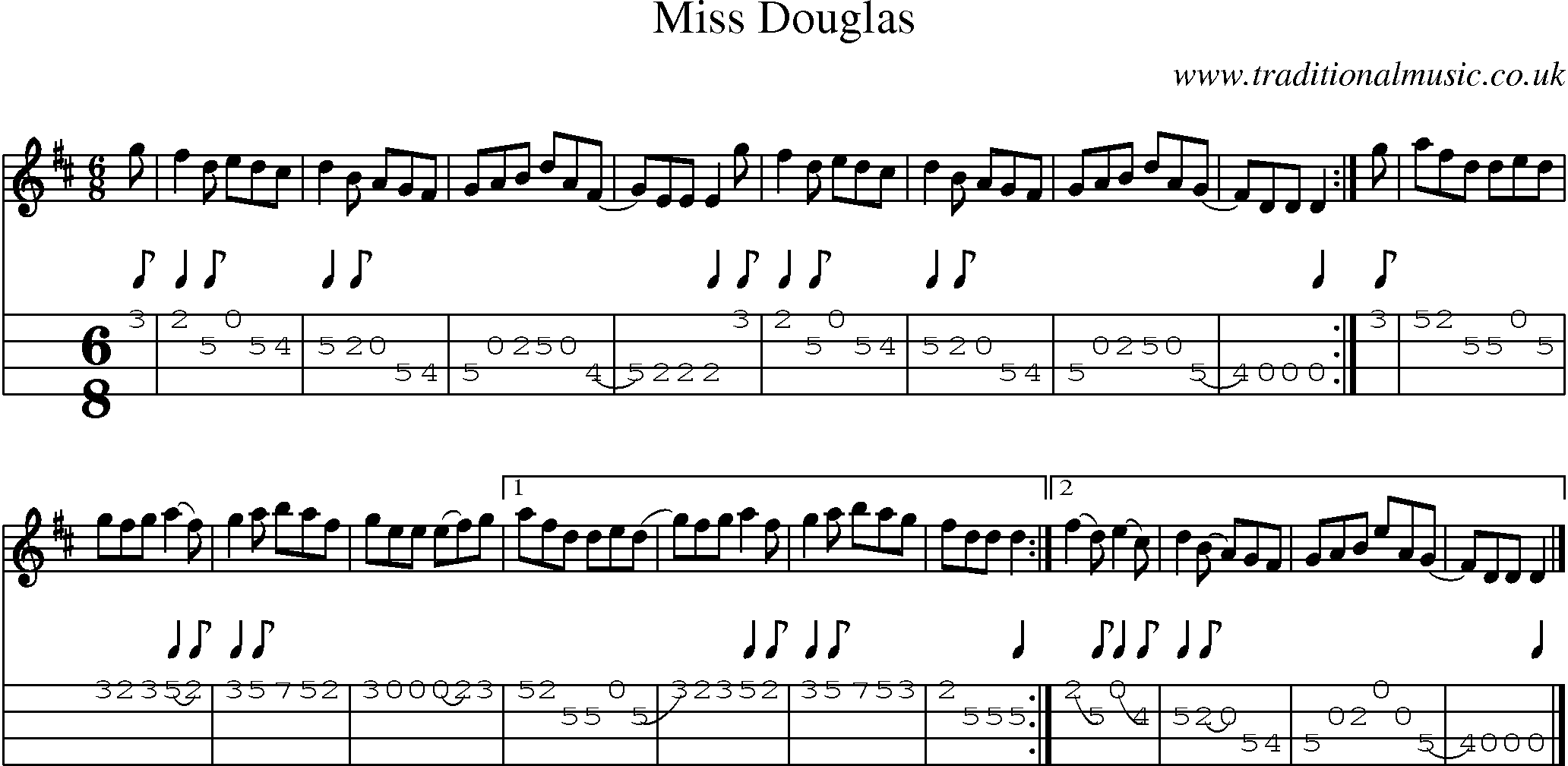 Music Score and Mandolin Tabs for Miss Douglas