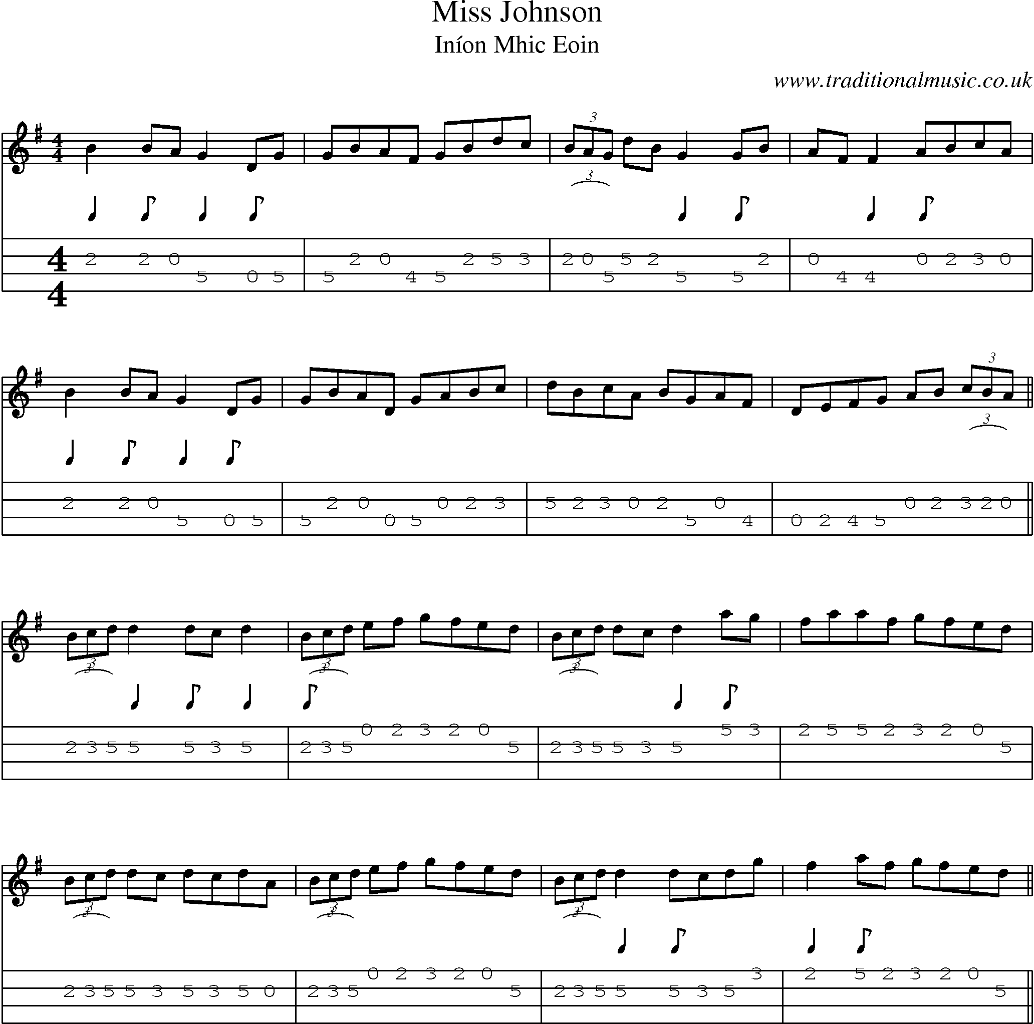 Music Score and Mandolin Tabs for Miss Johnson