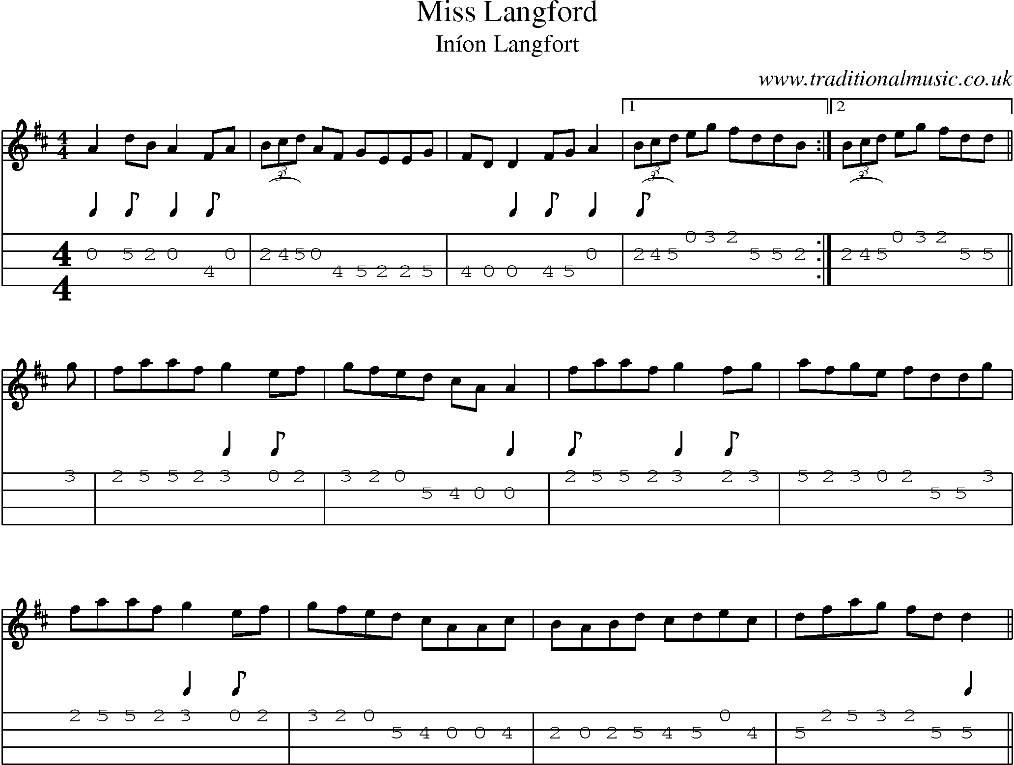 Music Score and Mandolin Tabs for Miss Langford