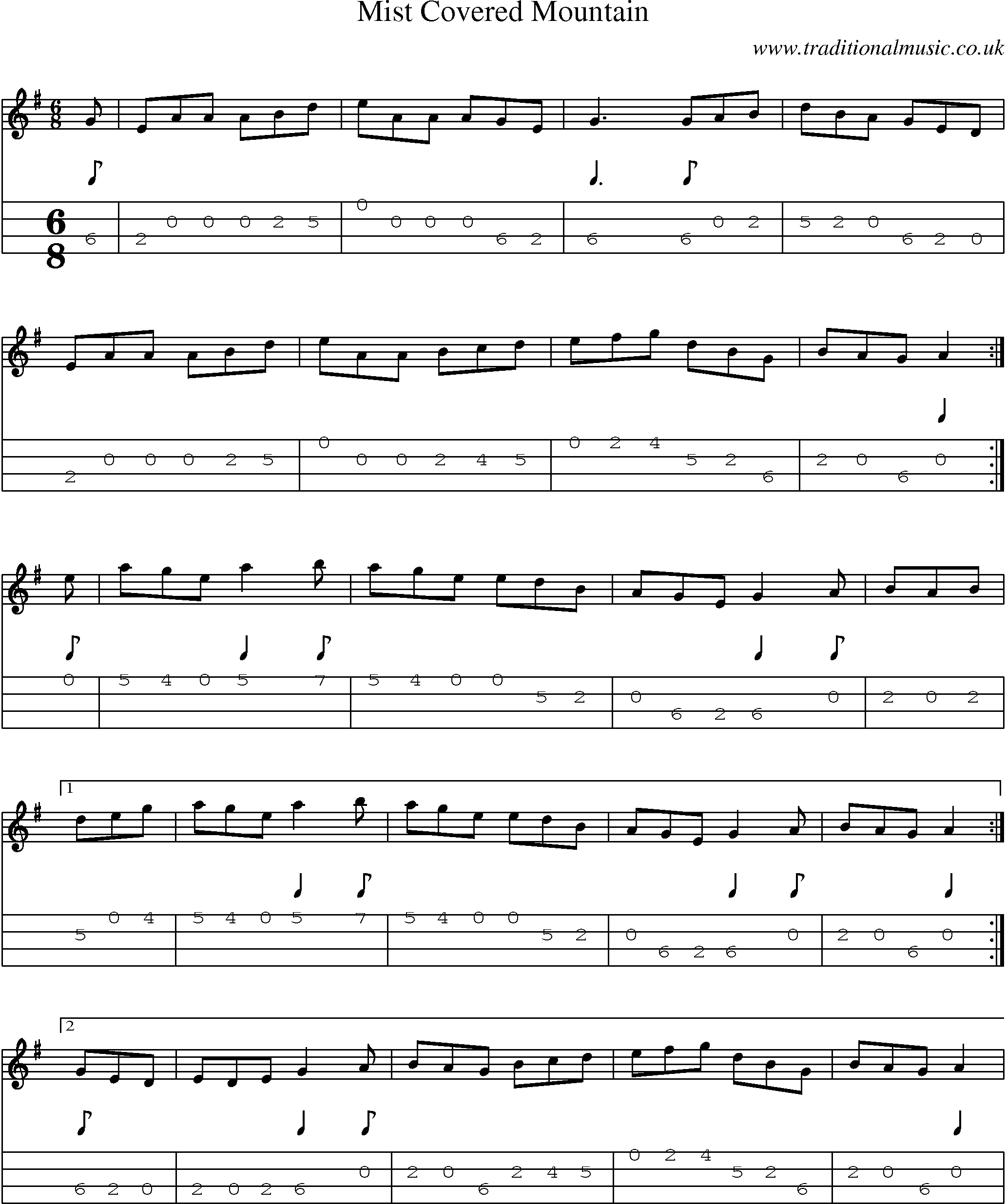 Music Score and Mandolin Tabs for Mist Covered Mountain