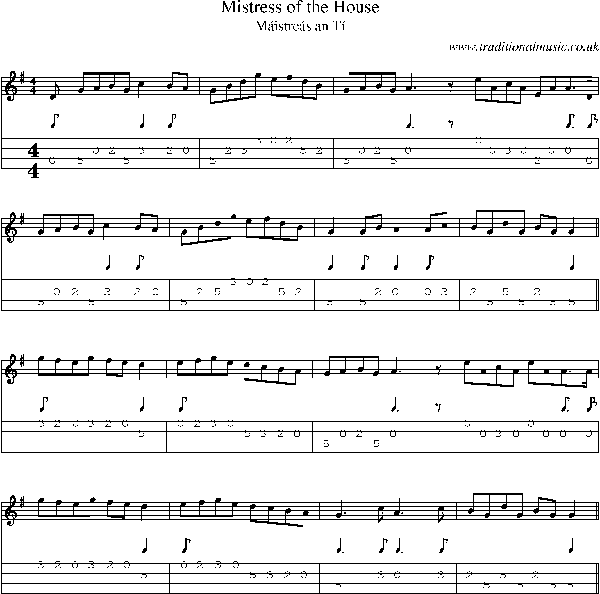 Music Score and Mandolin Tabs for Mistress Of House