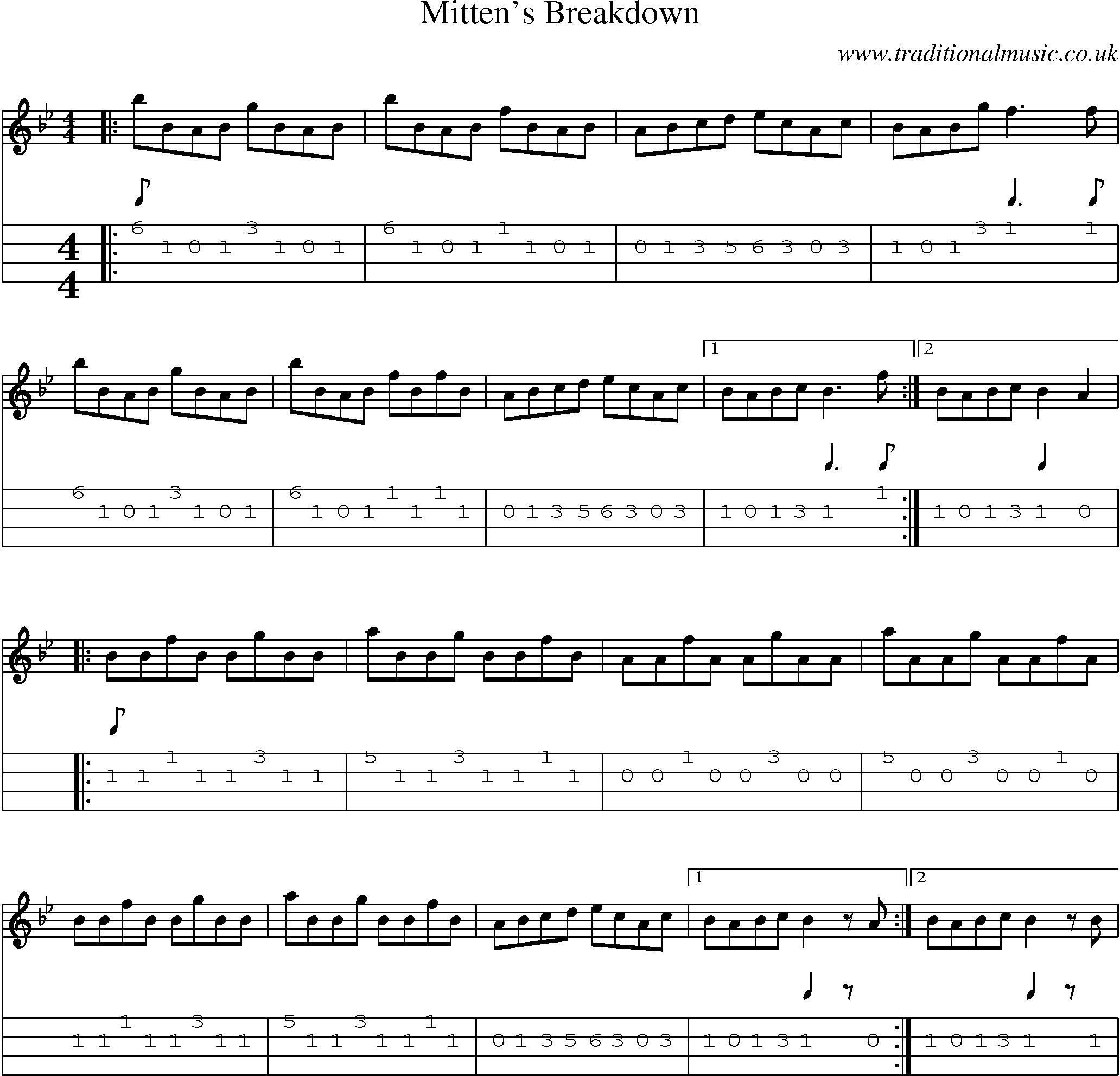 Music Score and Mandolin Tabs for Mittens Breakdown
