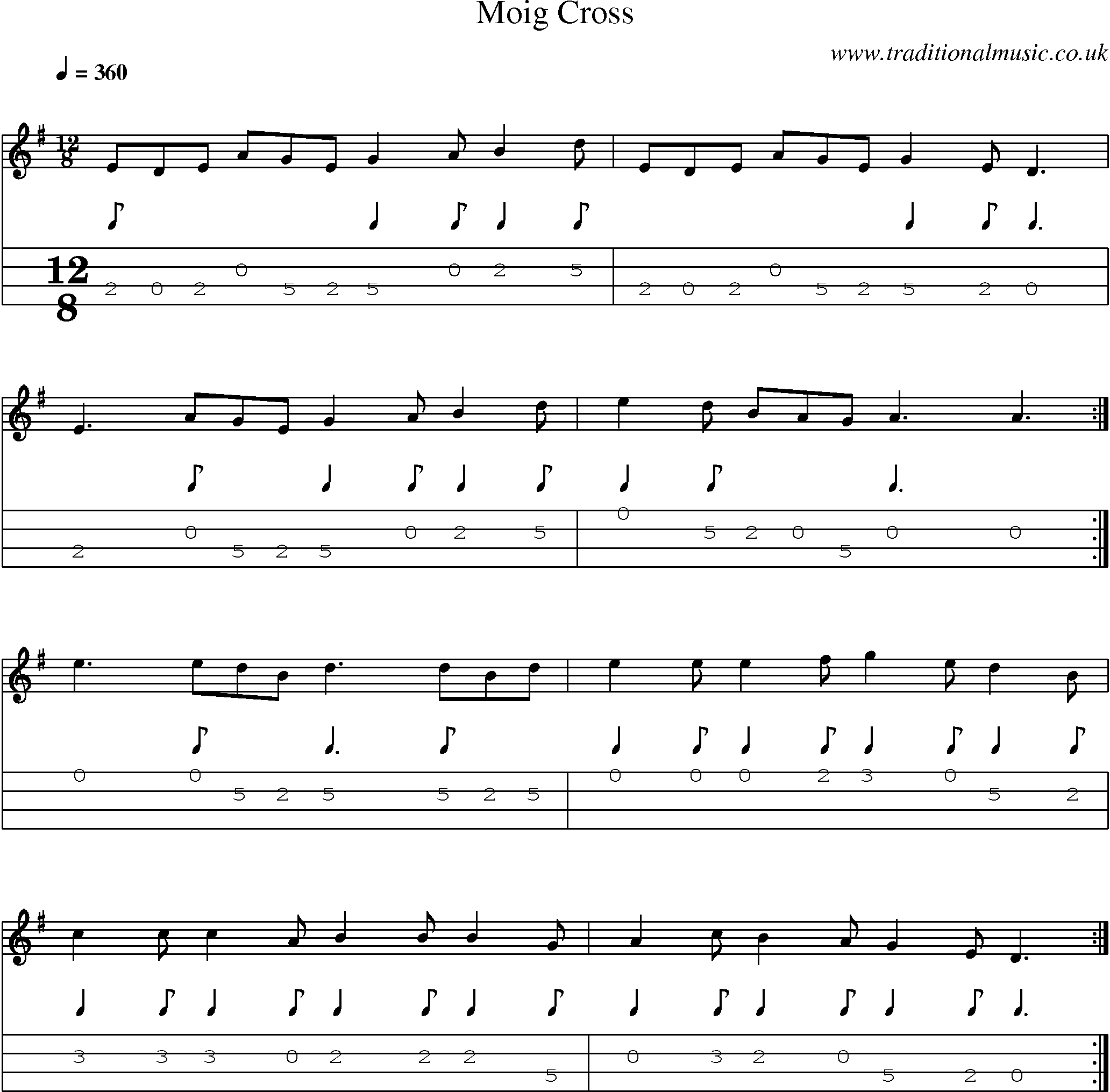 Music Score and Mandolin Tabs for Moig Cross