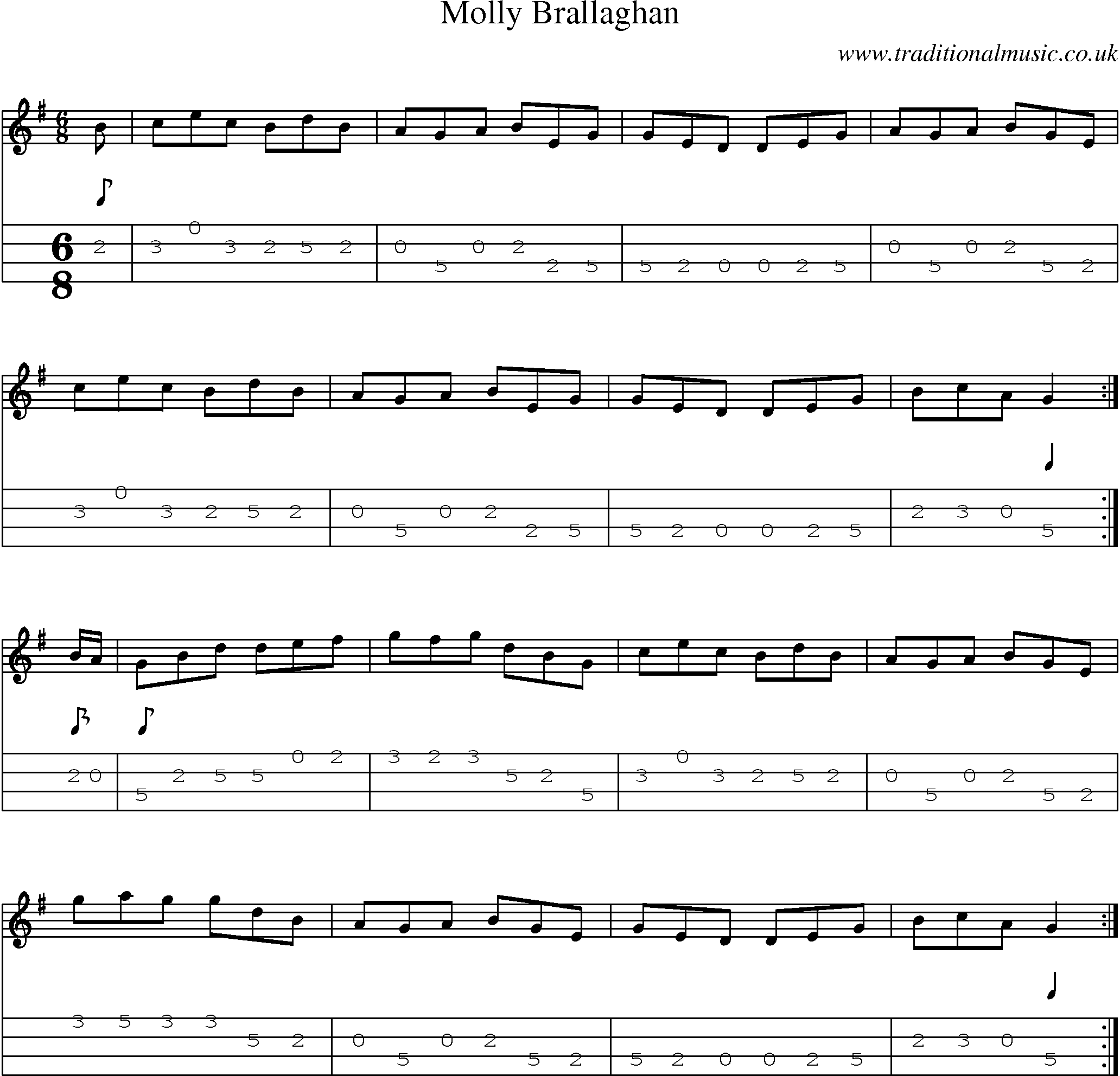 Music Score and Mandolin Tabs for Molly Brallaghan